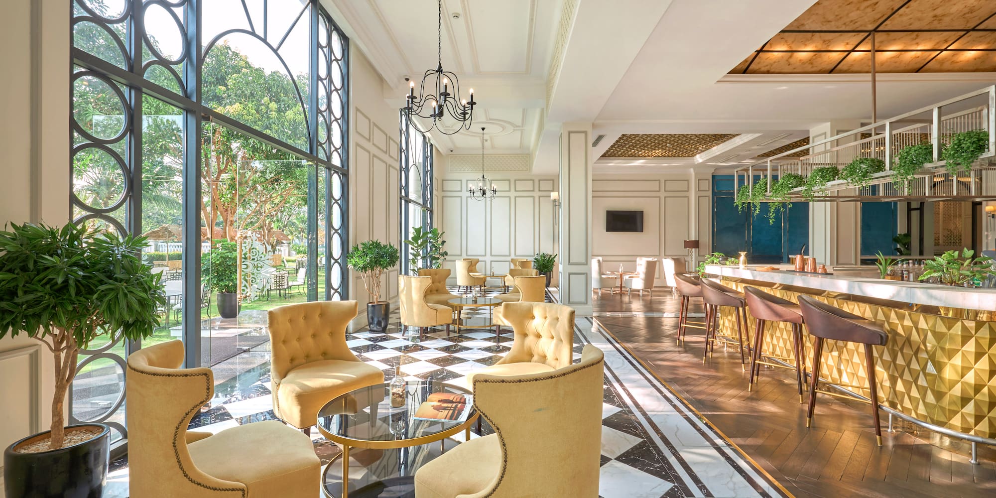 a room with chairs and tables