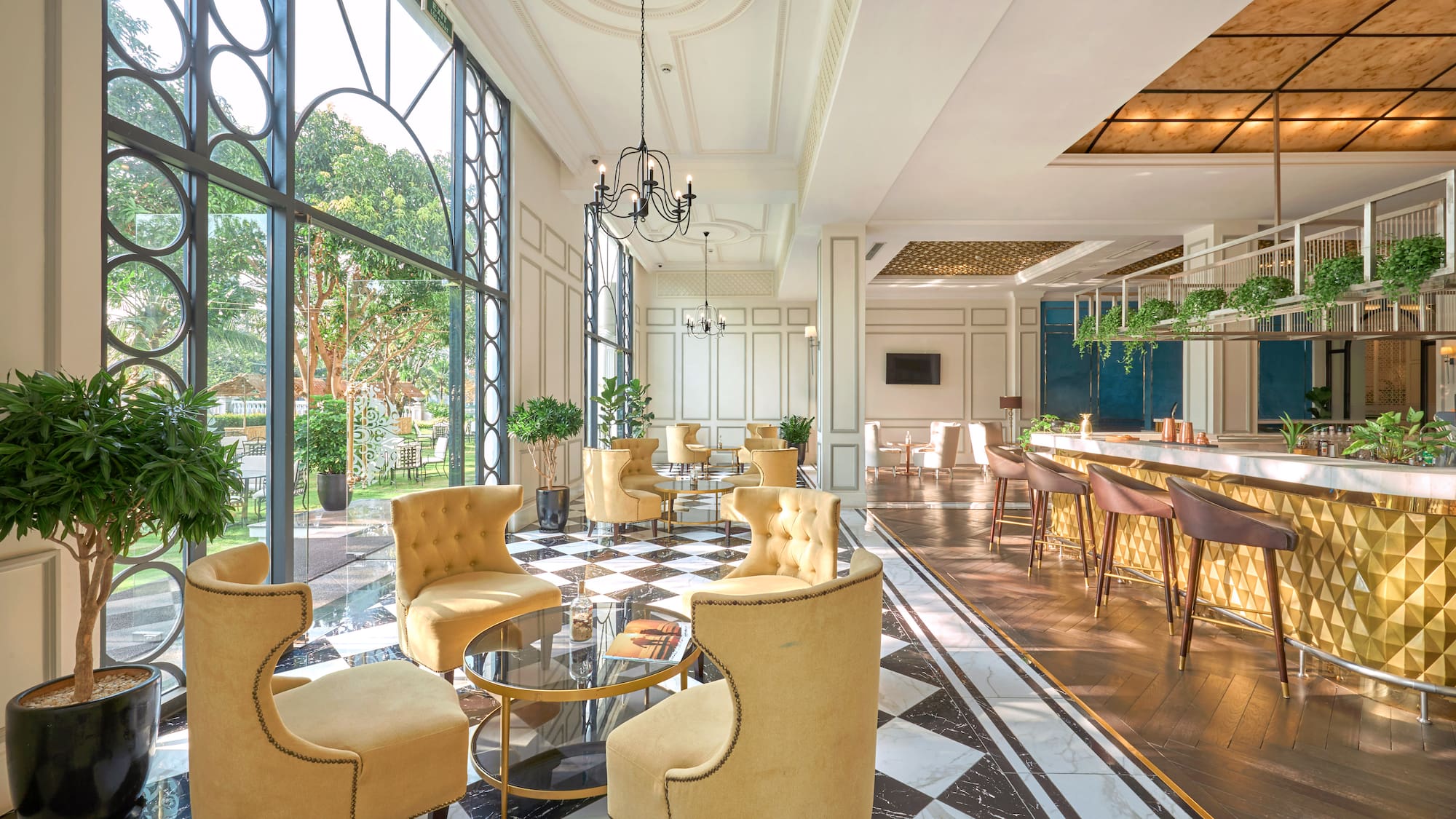 a room with chairs and tables