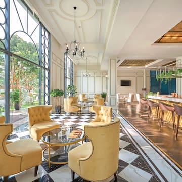 a room with chairs and tables