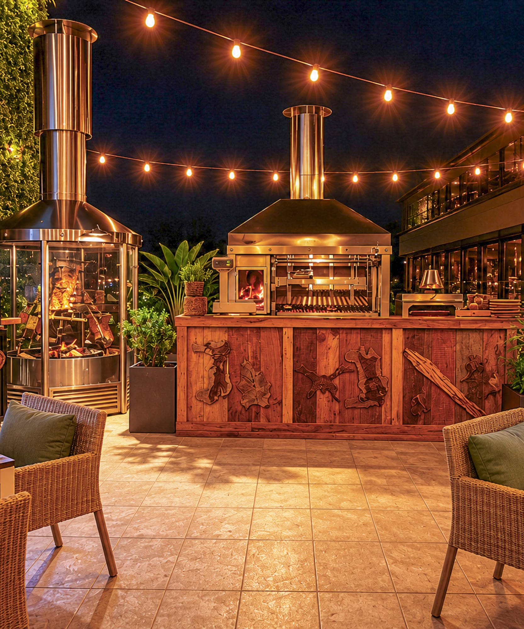 Outdoor asador grill restaurant at night, with meat display and string lights.