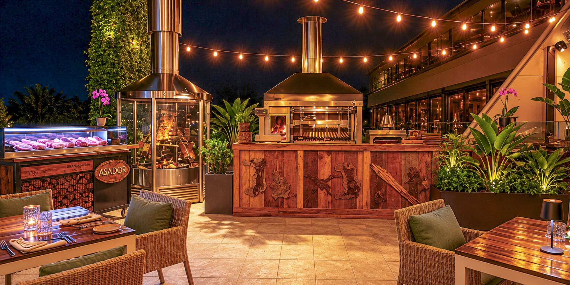 Outdoor asador grill restaurant at night, with meat display and string lights.