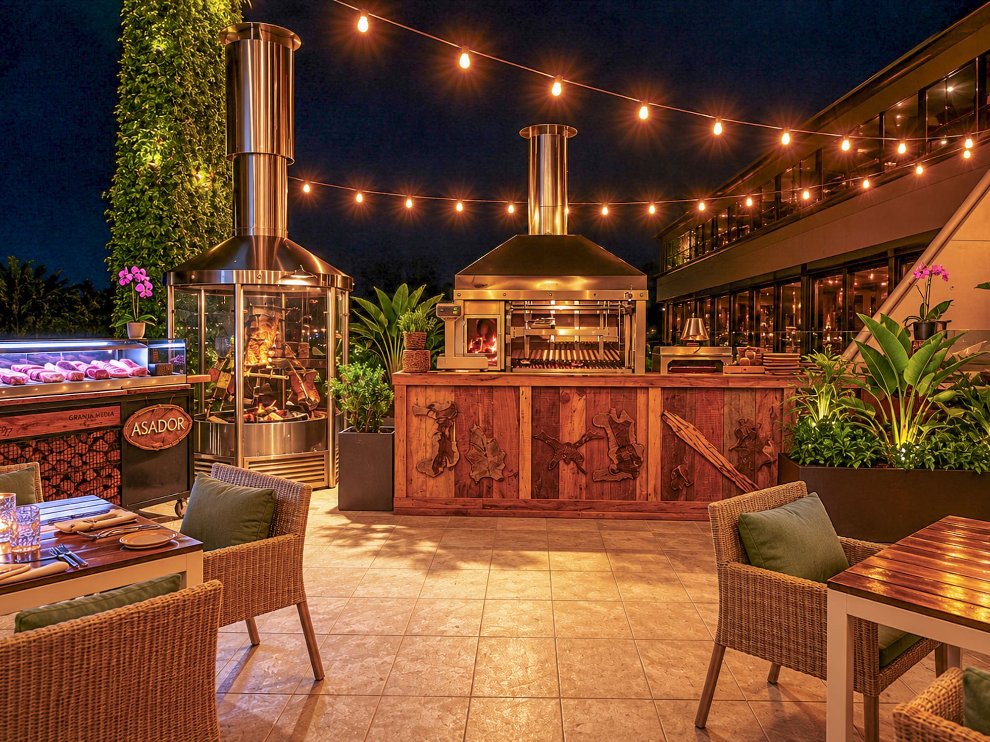 Terraza de restaurante asador exterior de noche con parrilla y luces.