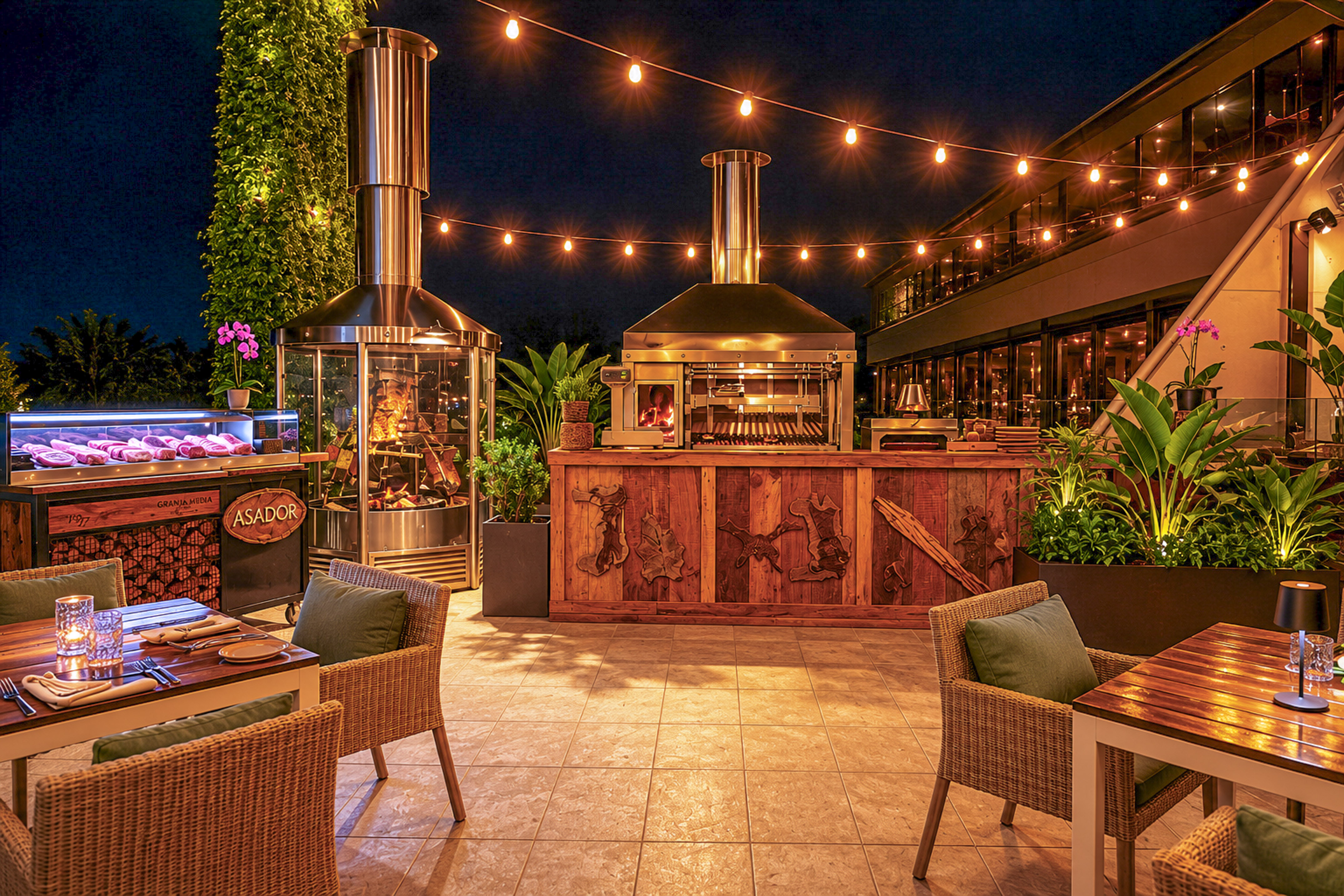 Outdoor asador grill restaurant at night, with meat display and string lights.