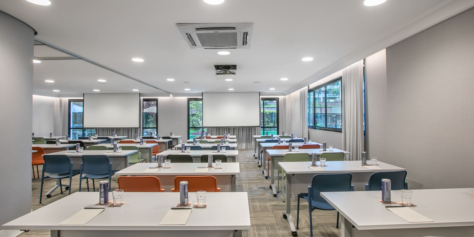 a room with tables and chairs