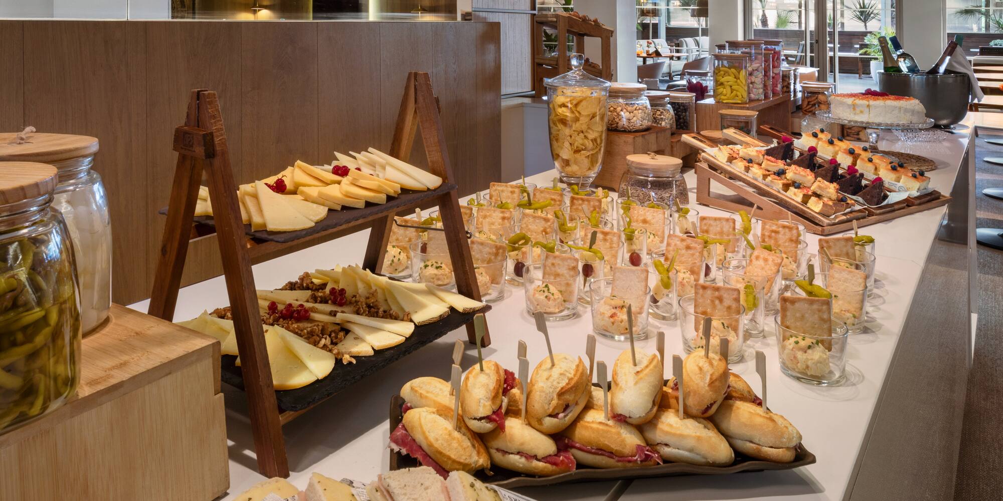a buffet table with food on it