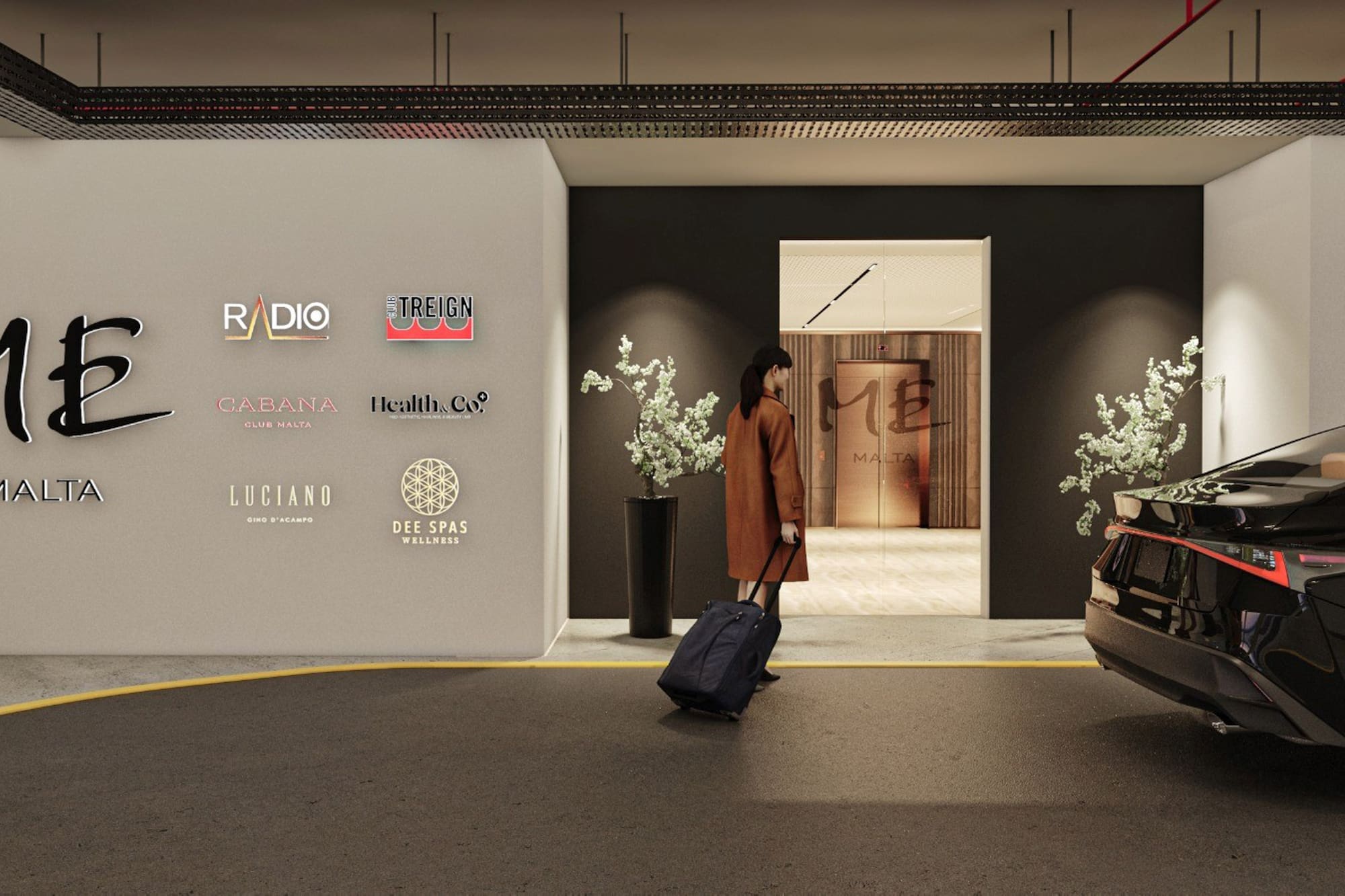 a woman pulling a suitcase in front of a car