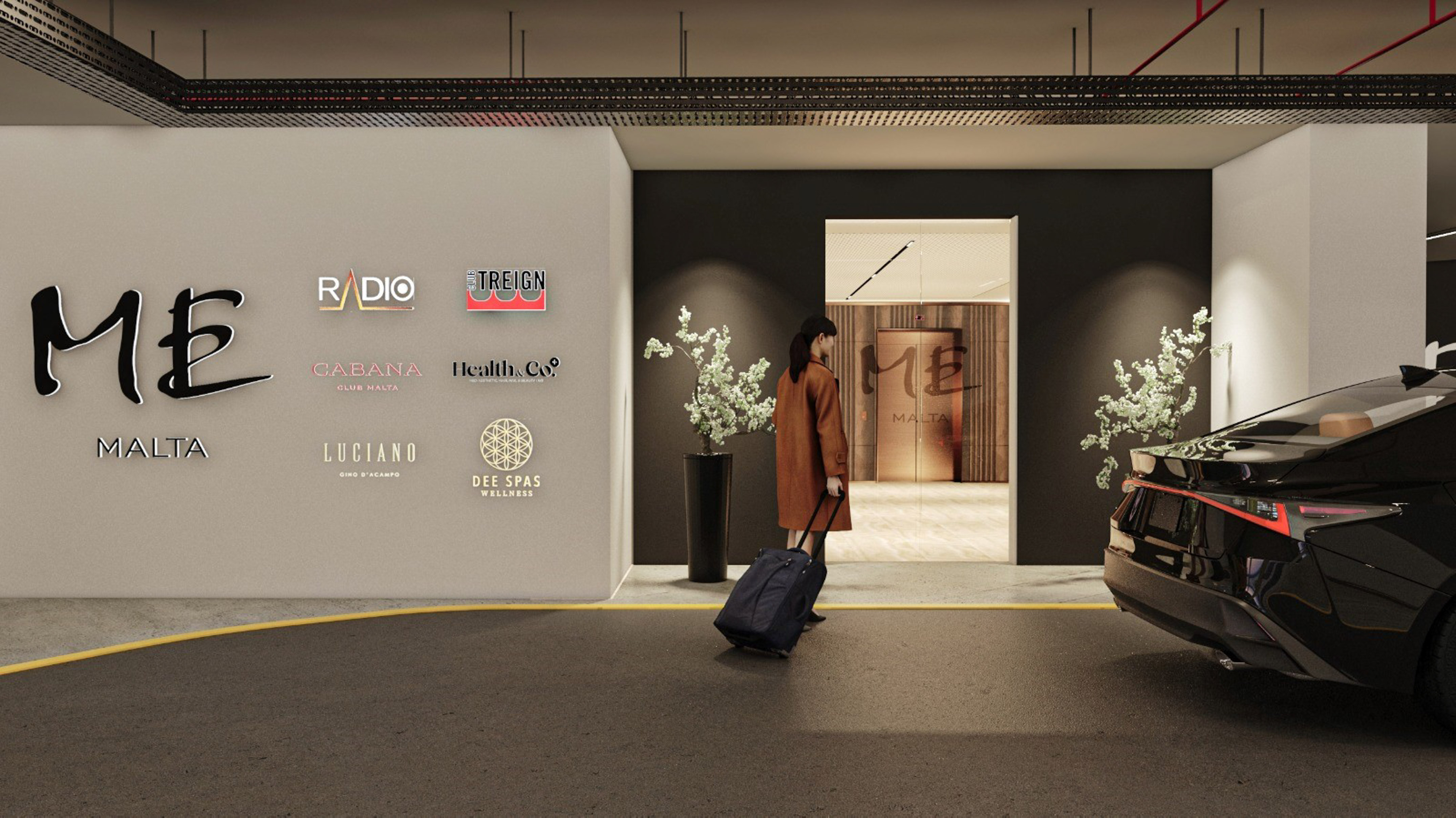 a woman pulling a suitcase in front of a car