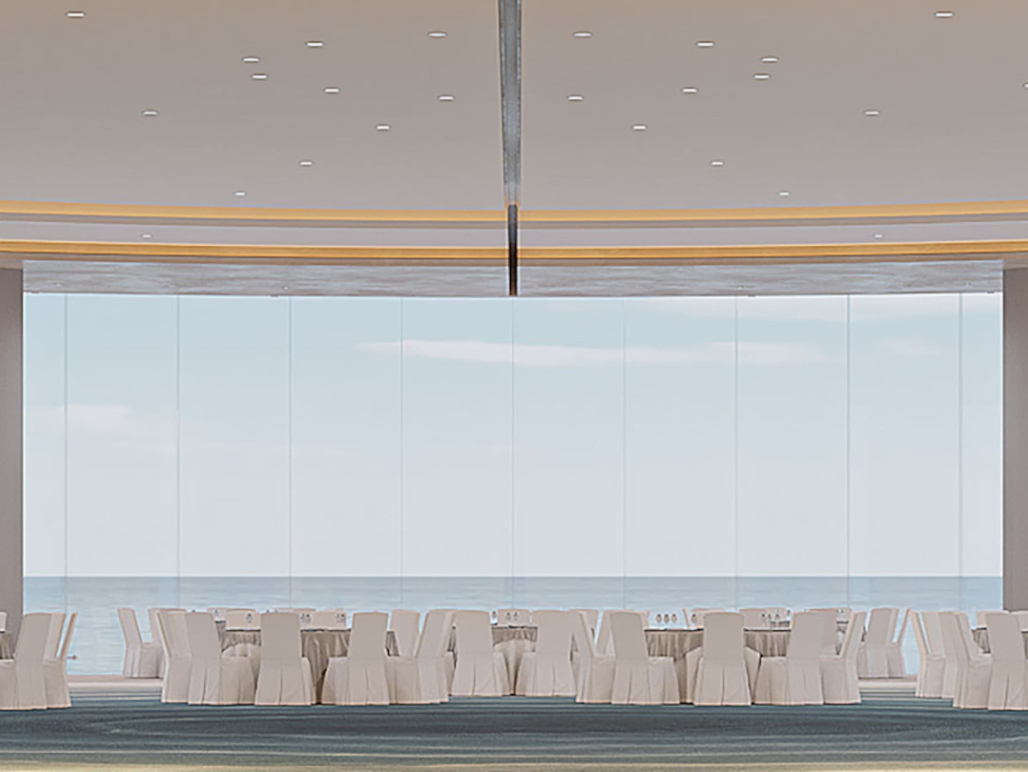 a room with white chairs and tables