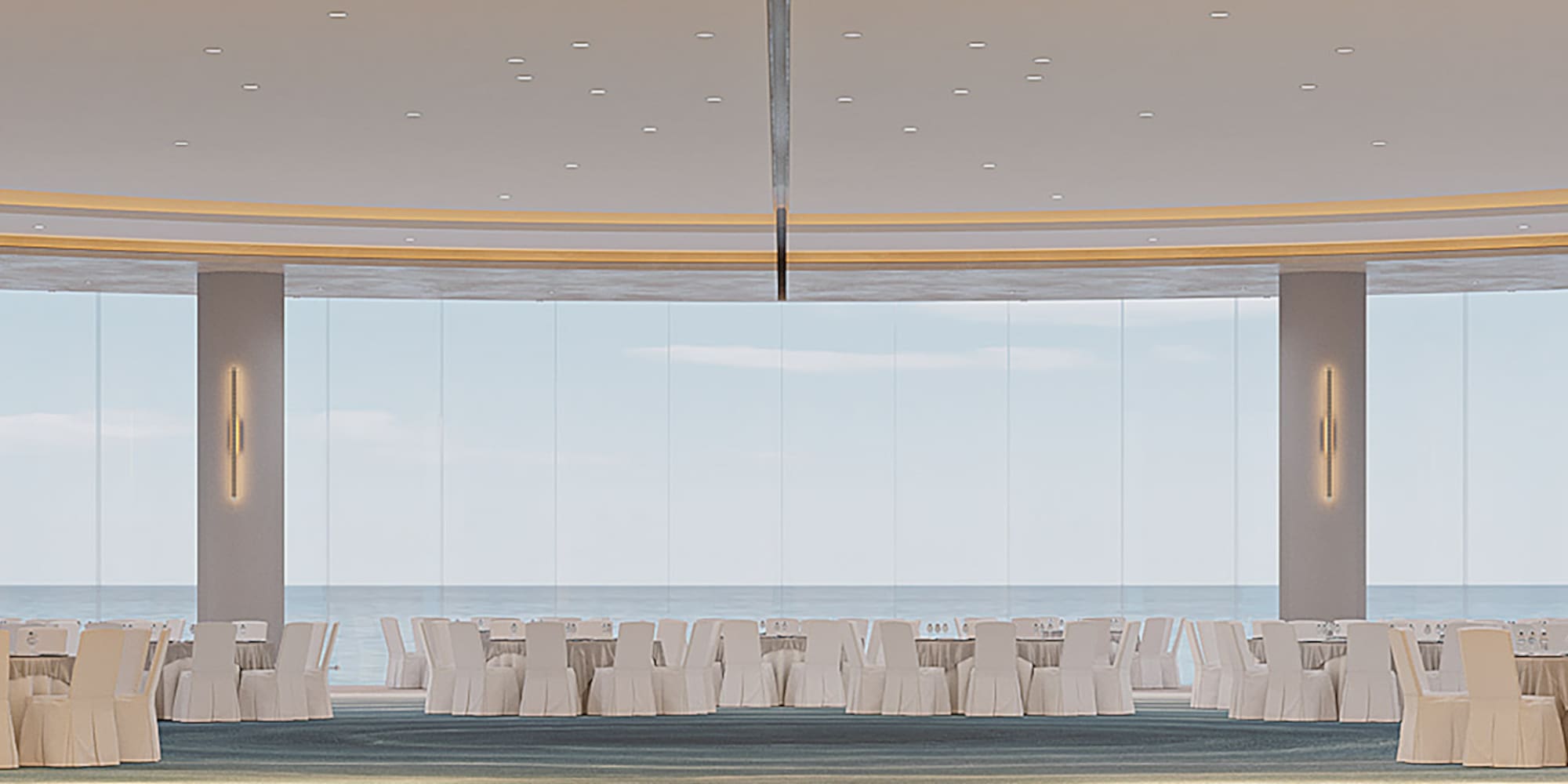 a room with white chairs and tables