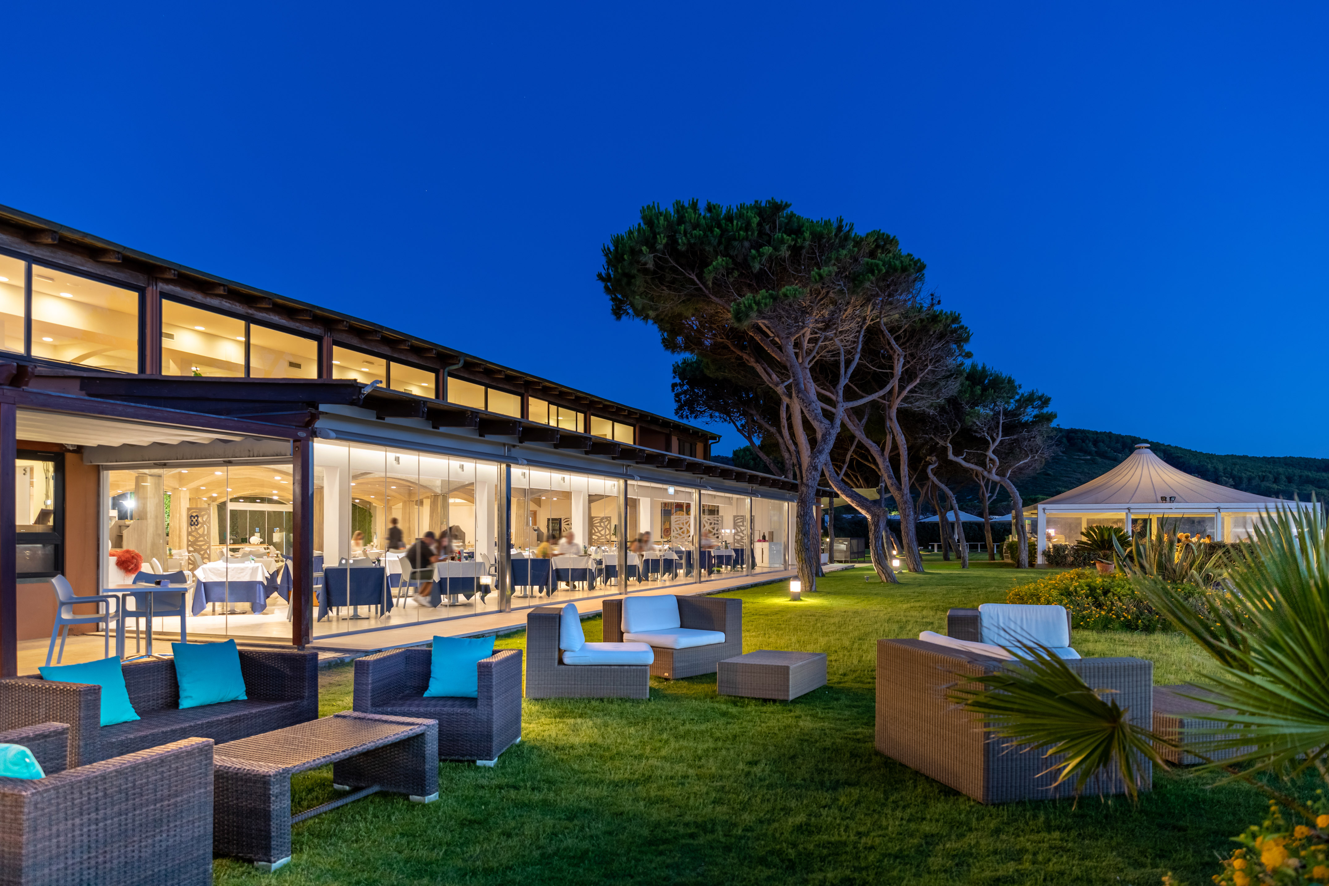 Evening resort restaurant with glass walls, outdoor lounge, and tall pine trees.