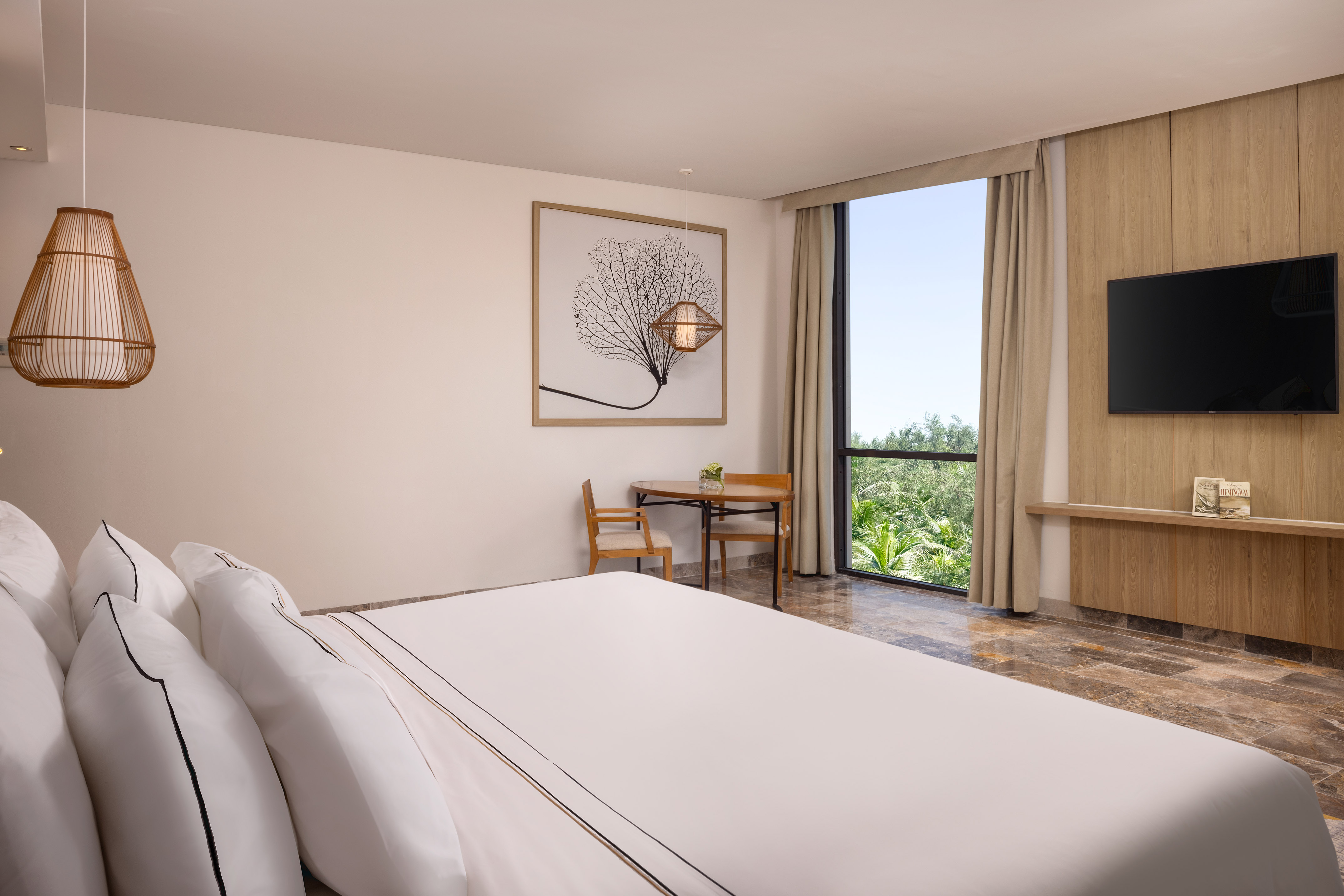 a room with a bed and a table