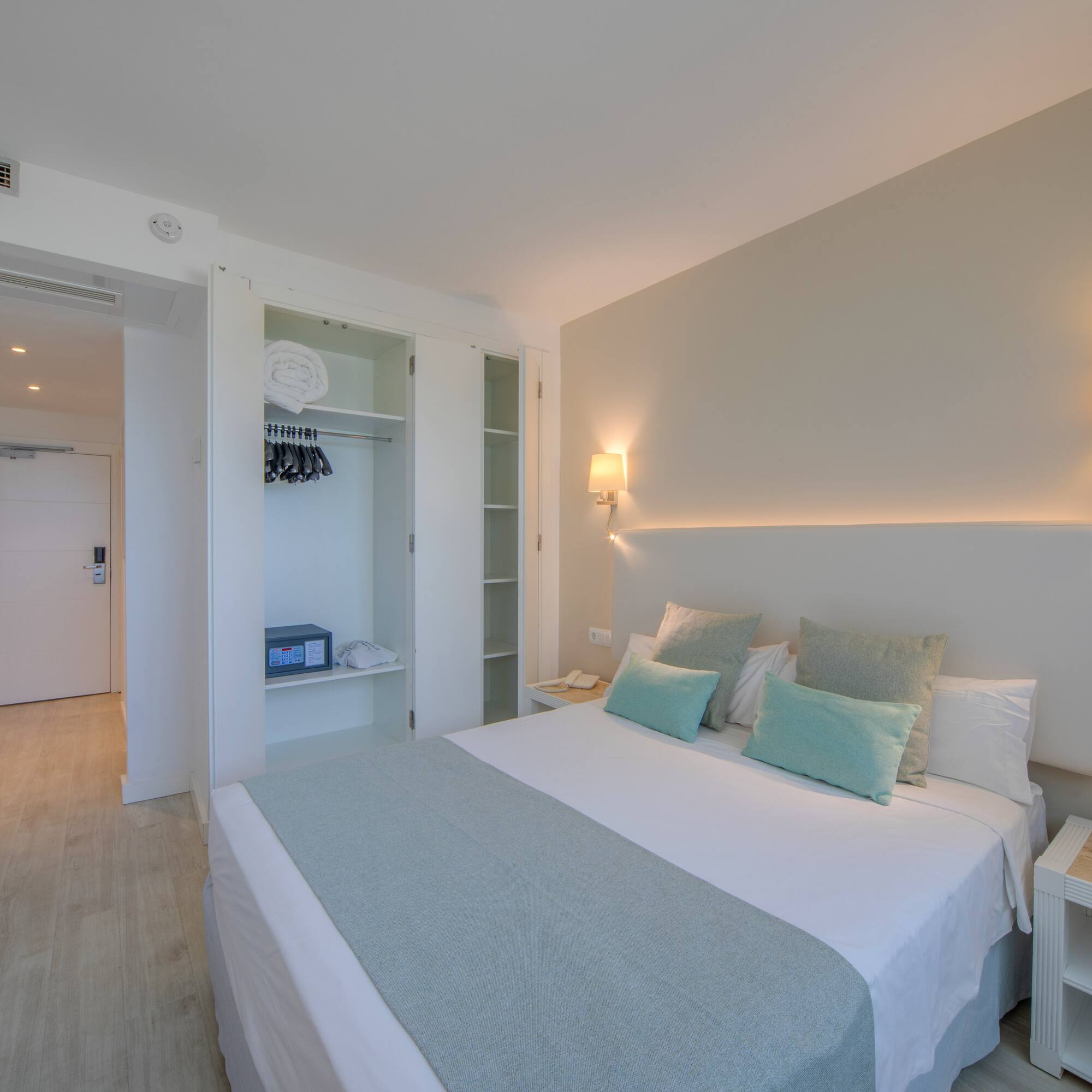 a bedroom with a bed and a closet