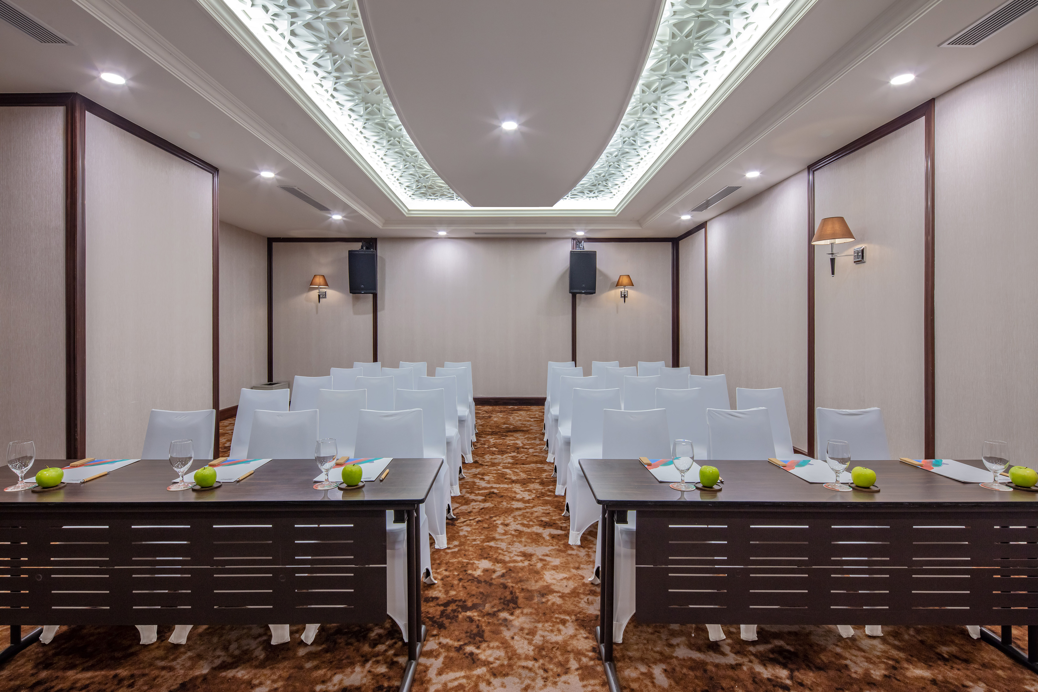 Conference room, classroom setup, white chairs, ornate ceiling.