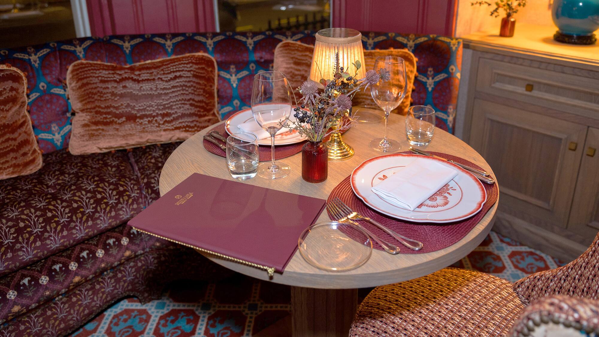 a table with plates and glasses on it