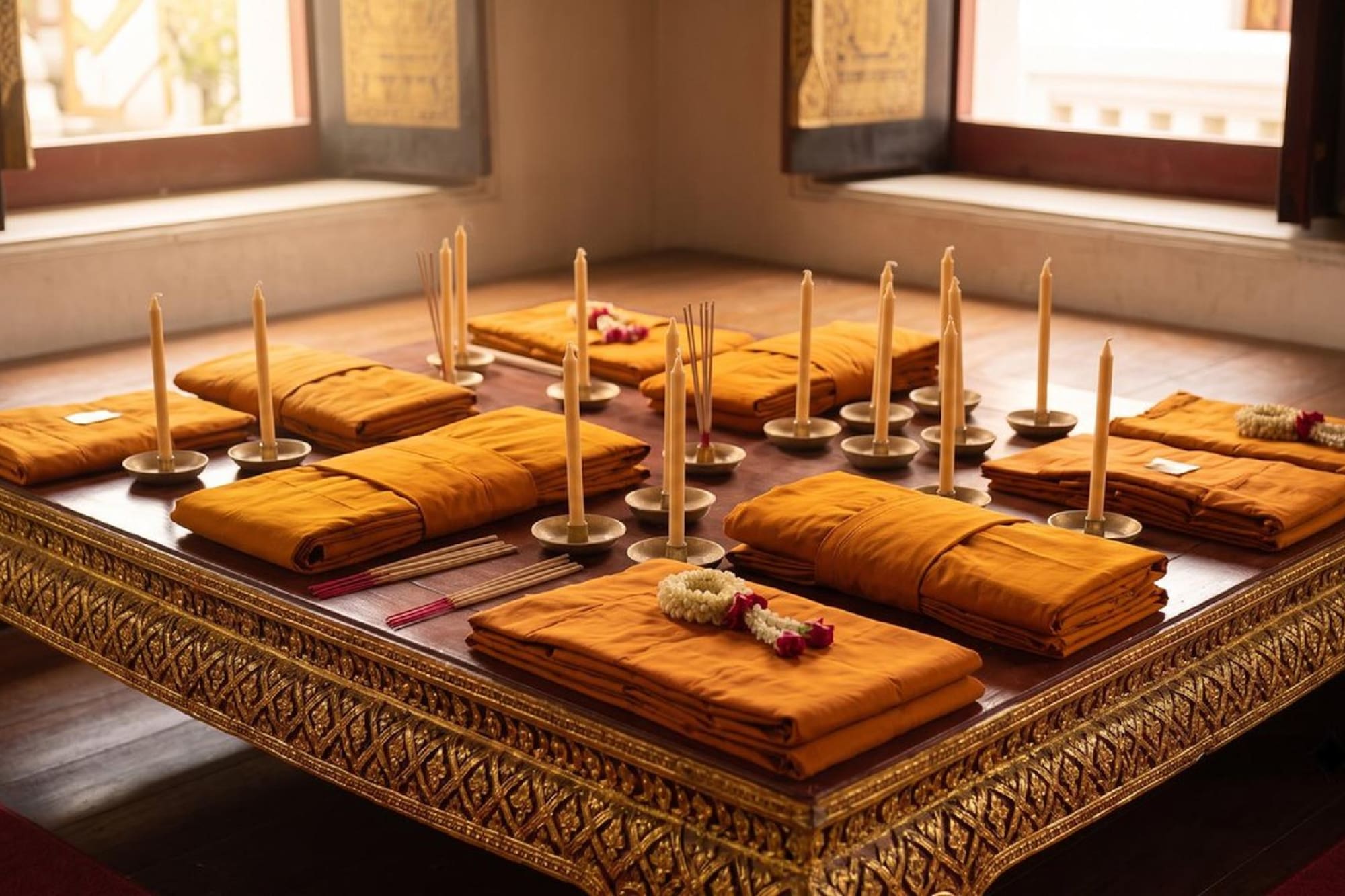 Saffron robes, candles, incense on ornate golden altar for Buddhist offering.