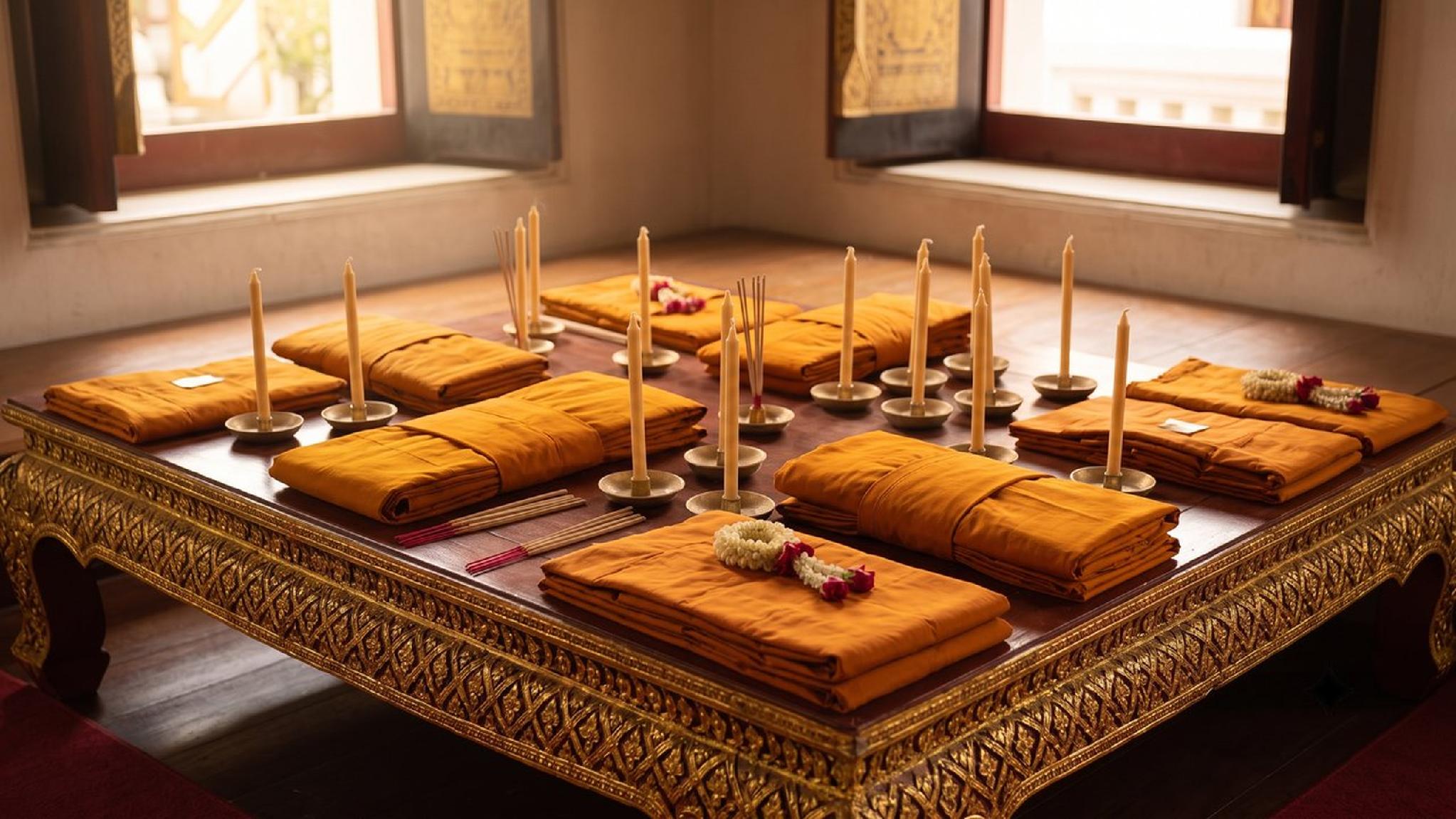 Saffron robes, candles, incense on ornate golden altar for Buddhist offering.