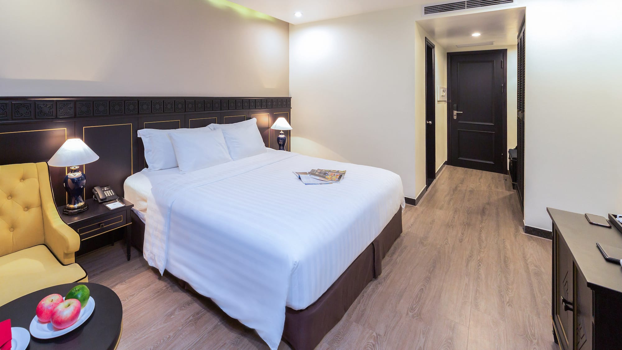 a room with a bed and a table