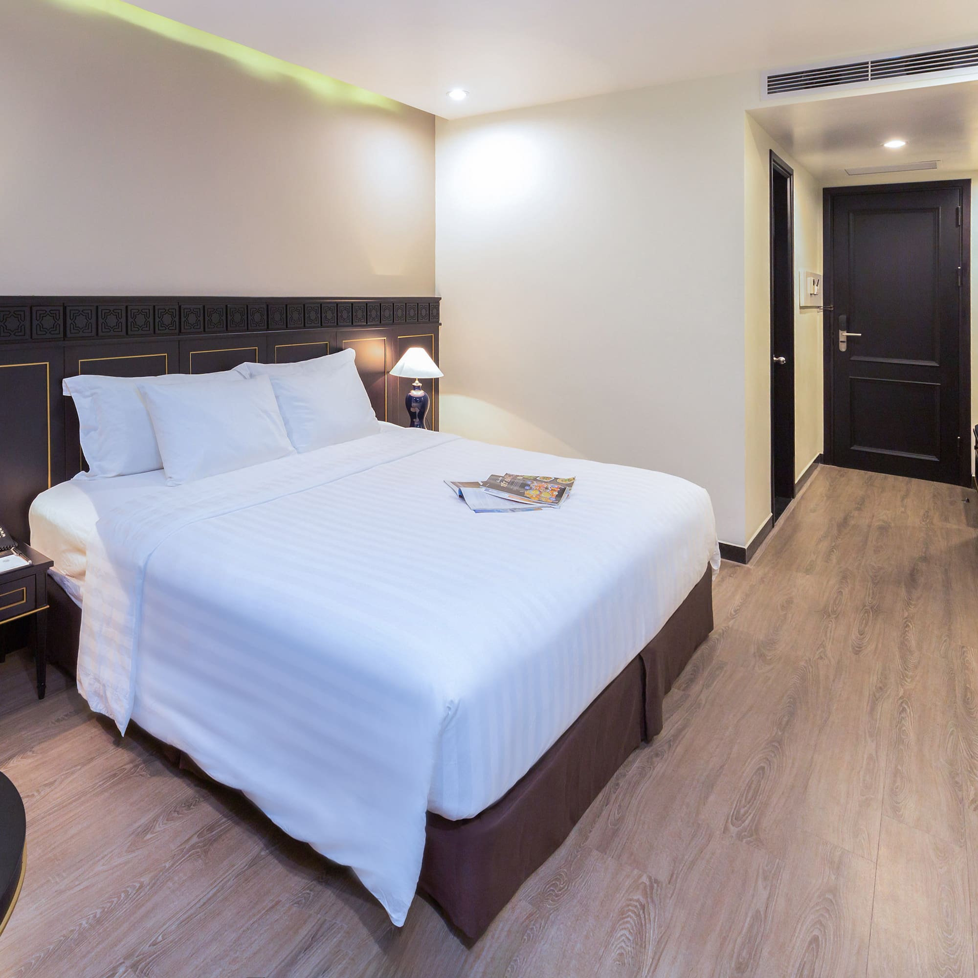 a room with a bed and a table