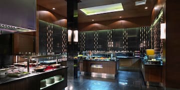 a restaurant with food on display