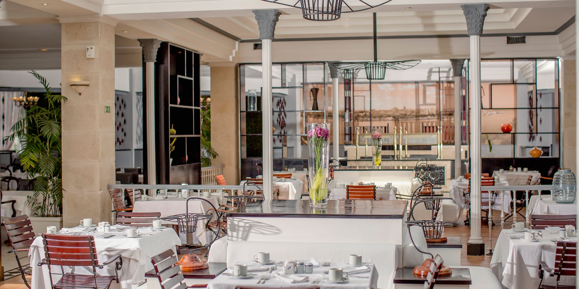 a room with tables and chairs