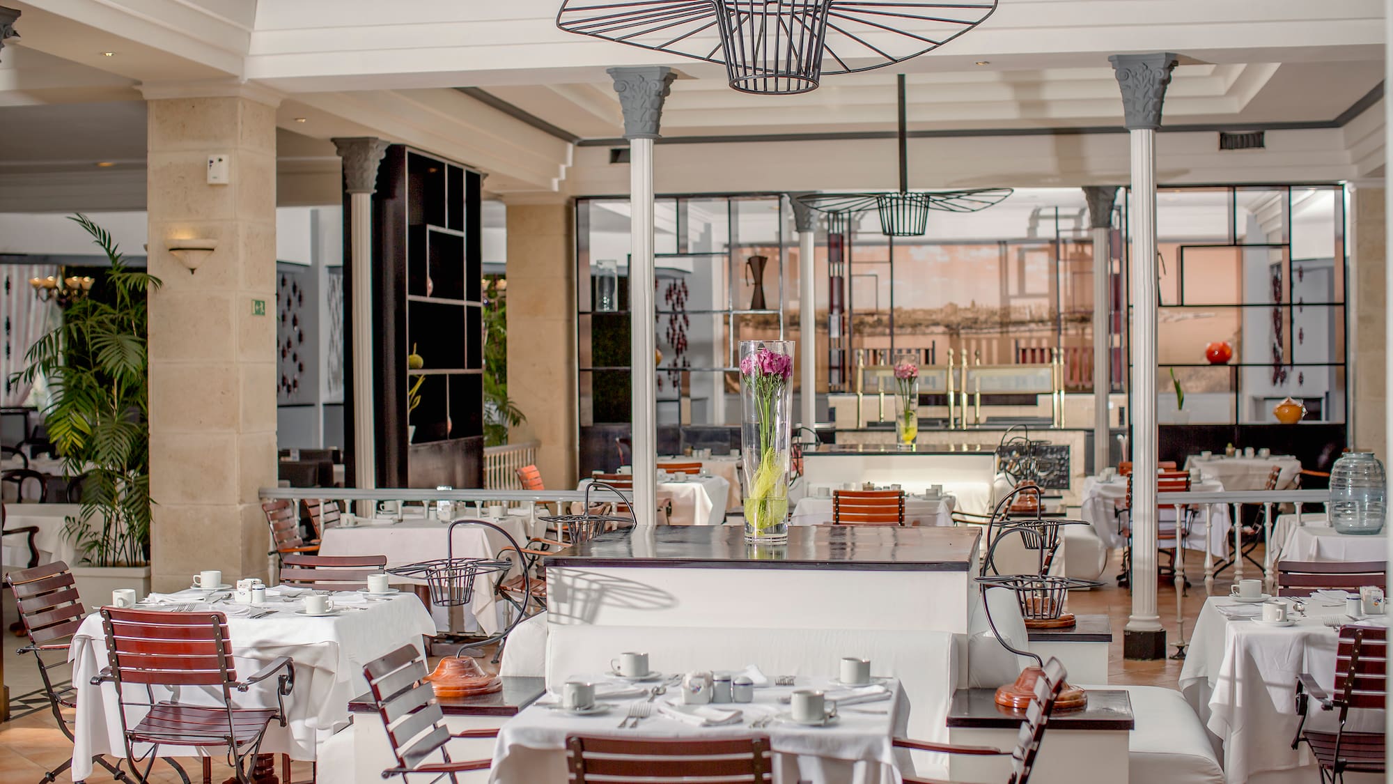 a room with tables and chairs