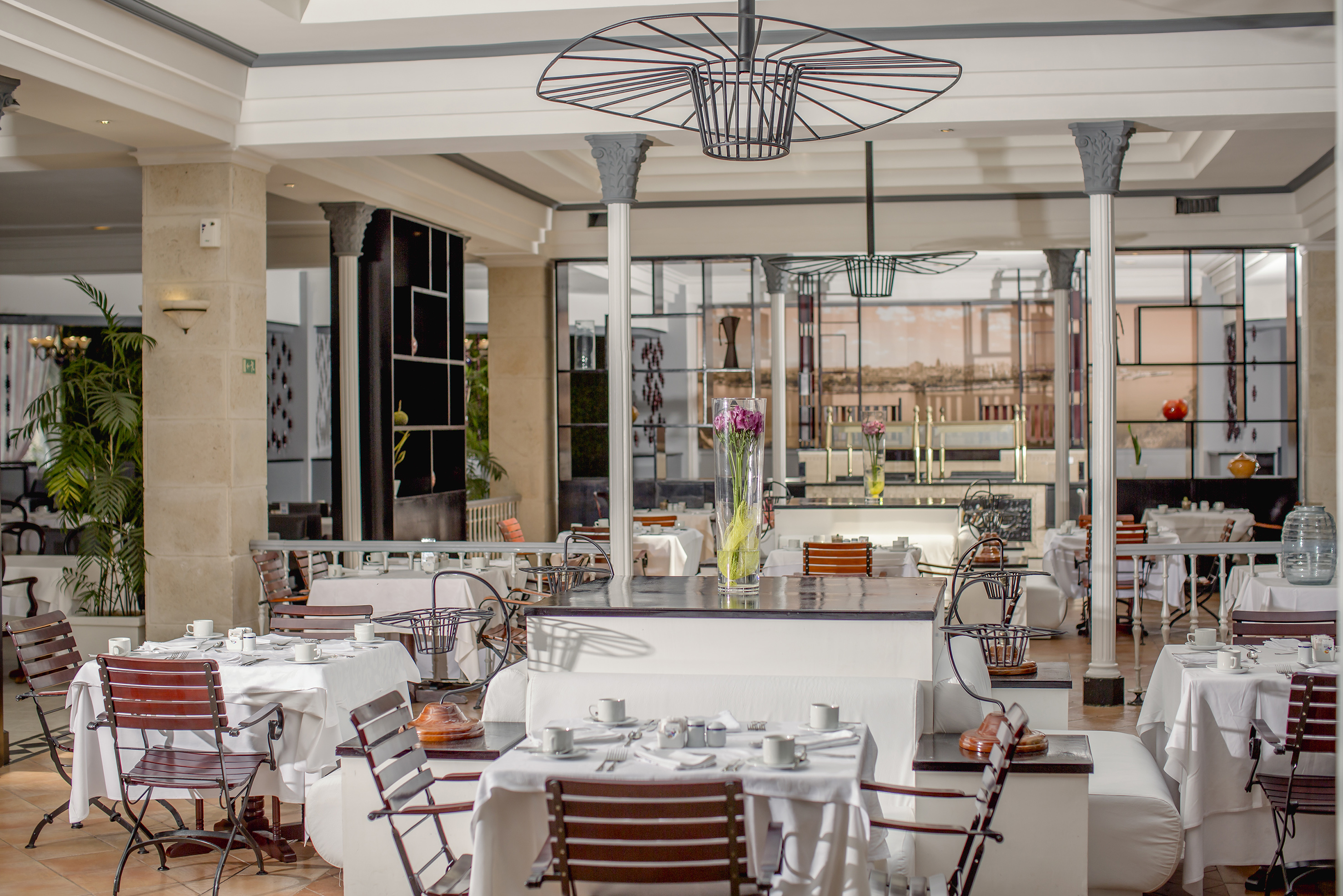 a room with tables and chairs