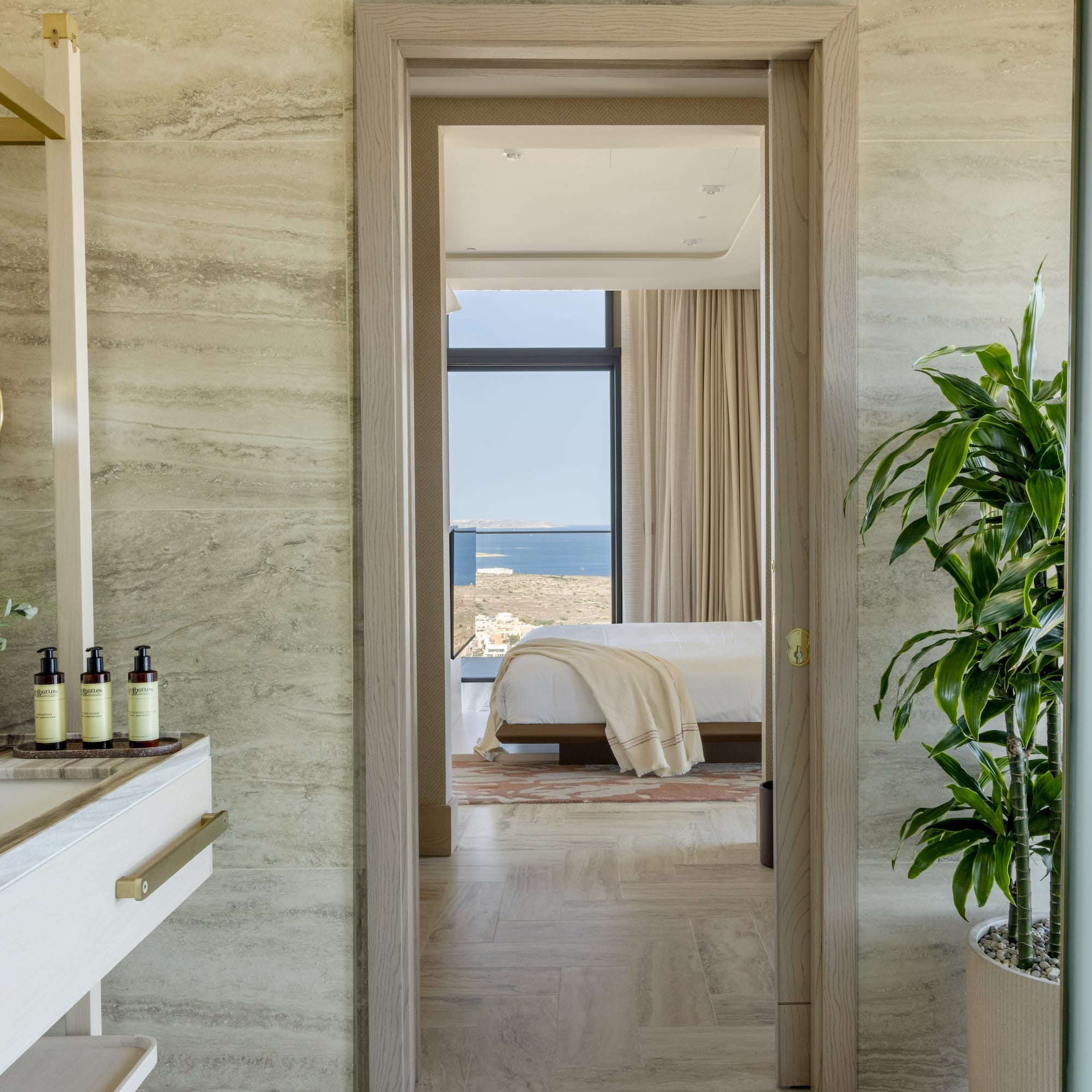 a bathroom with a sink and a plant