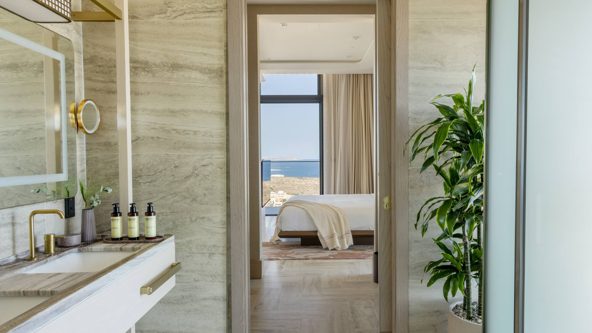 a bathroom with a sink and a plant