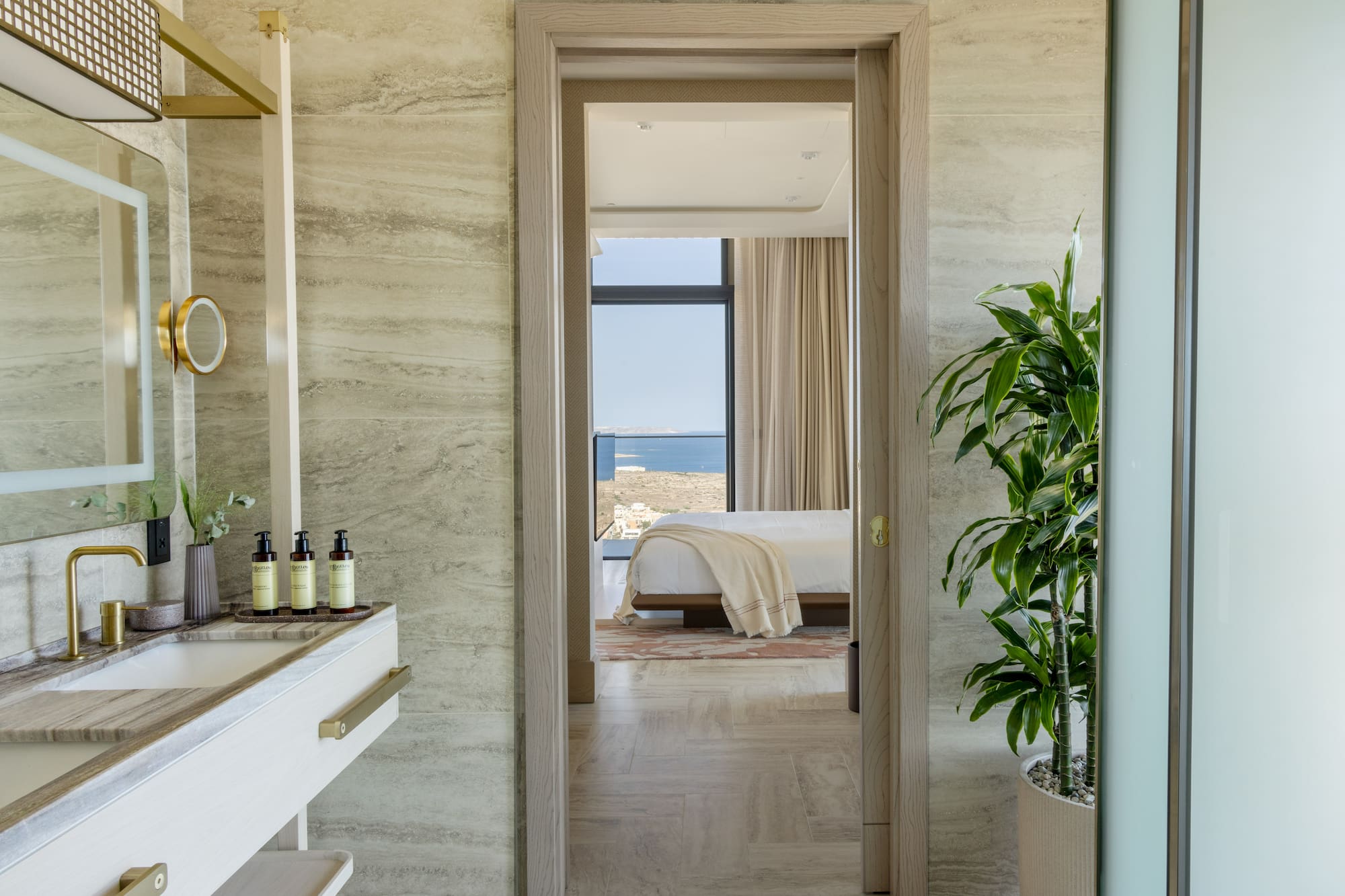 a bathroom with a sink and a plant