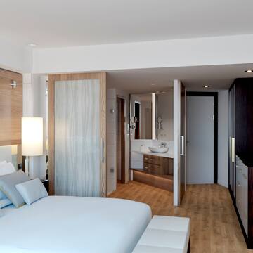 a bedroom with a bed and a sink