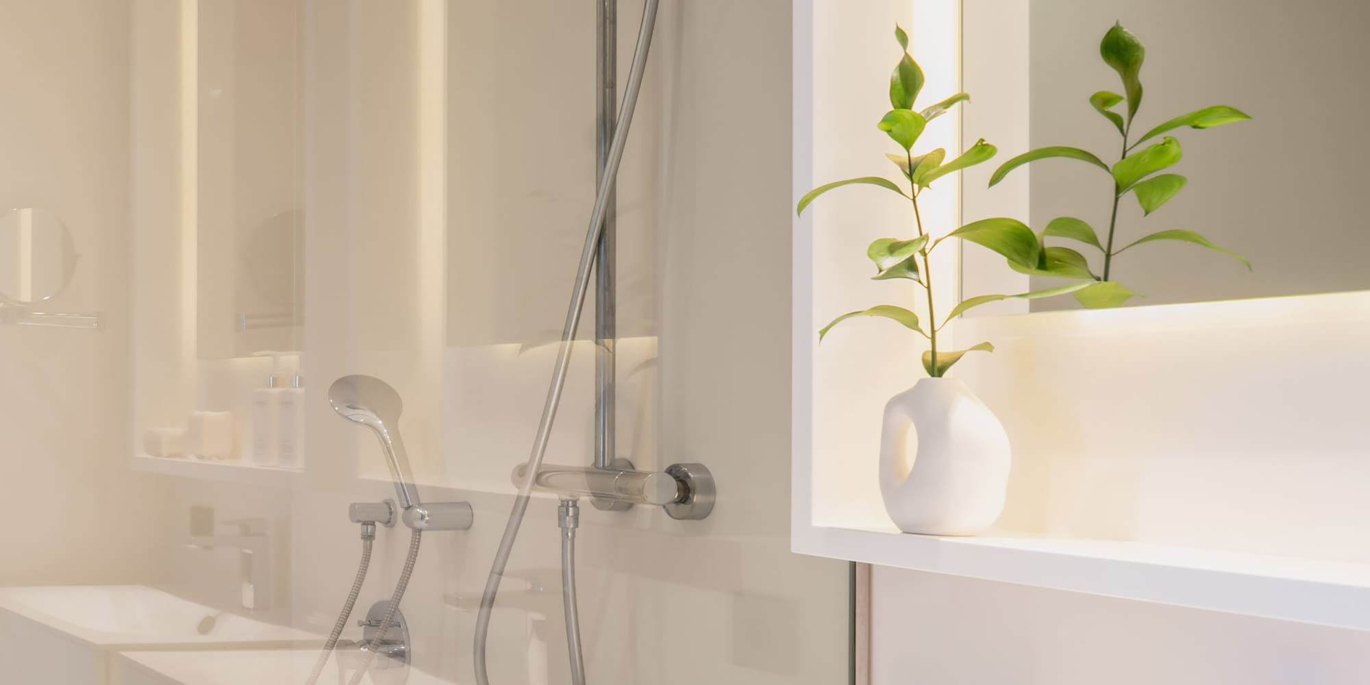 a bathroom with a shower and a plant
