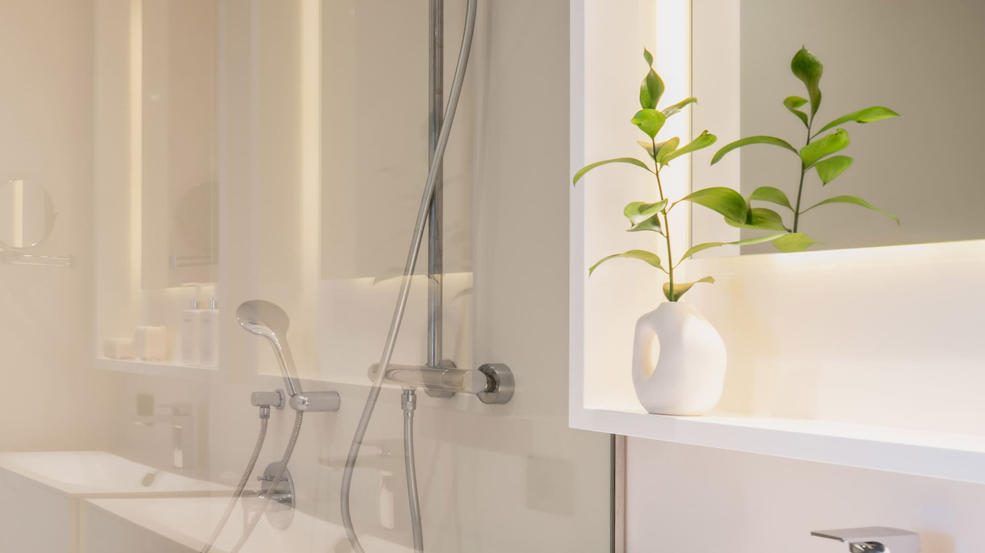 a bathroom with a shower and a plant