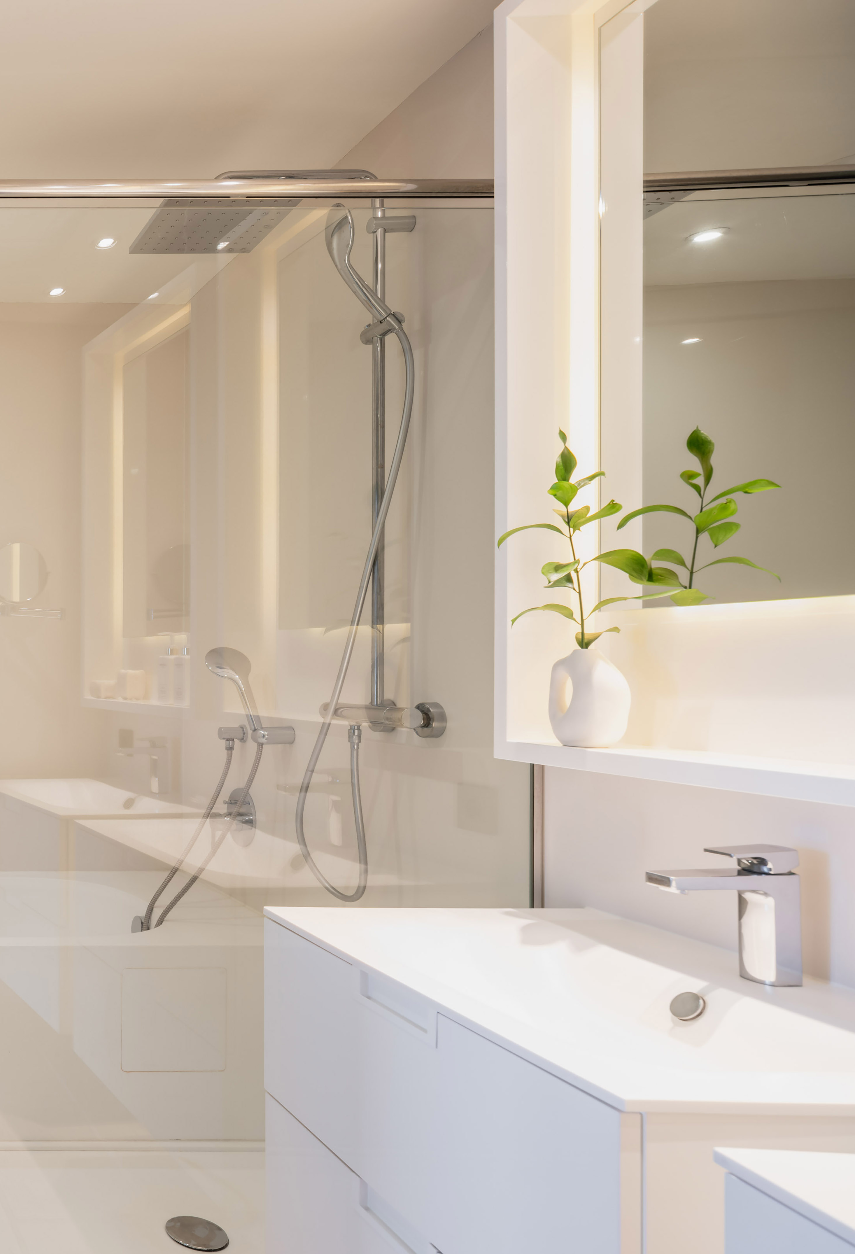 a bathroom with a shower and a plant