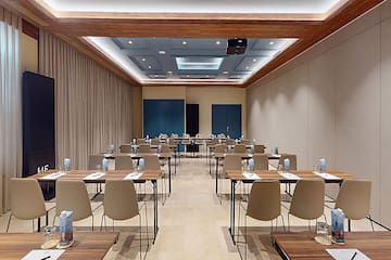 a room with tables and chairs