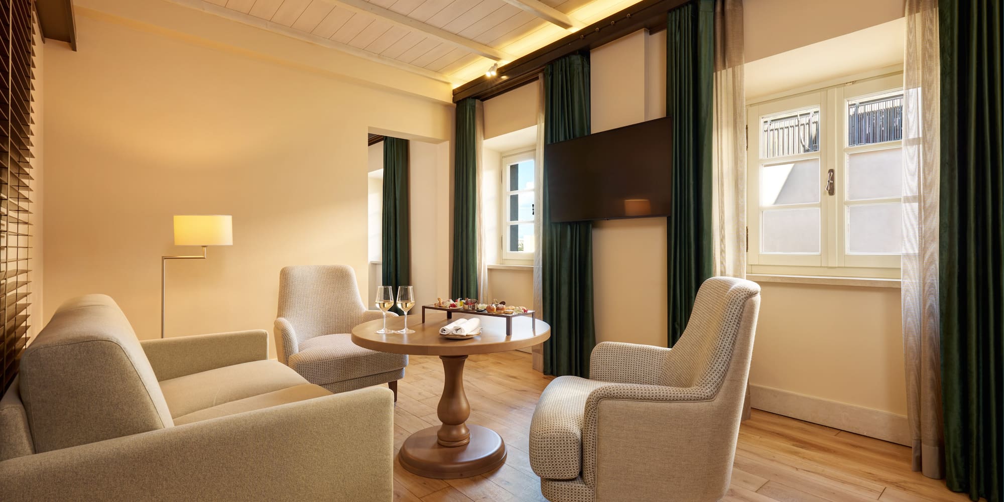 a room with a table and chairs