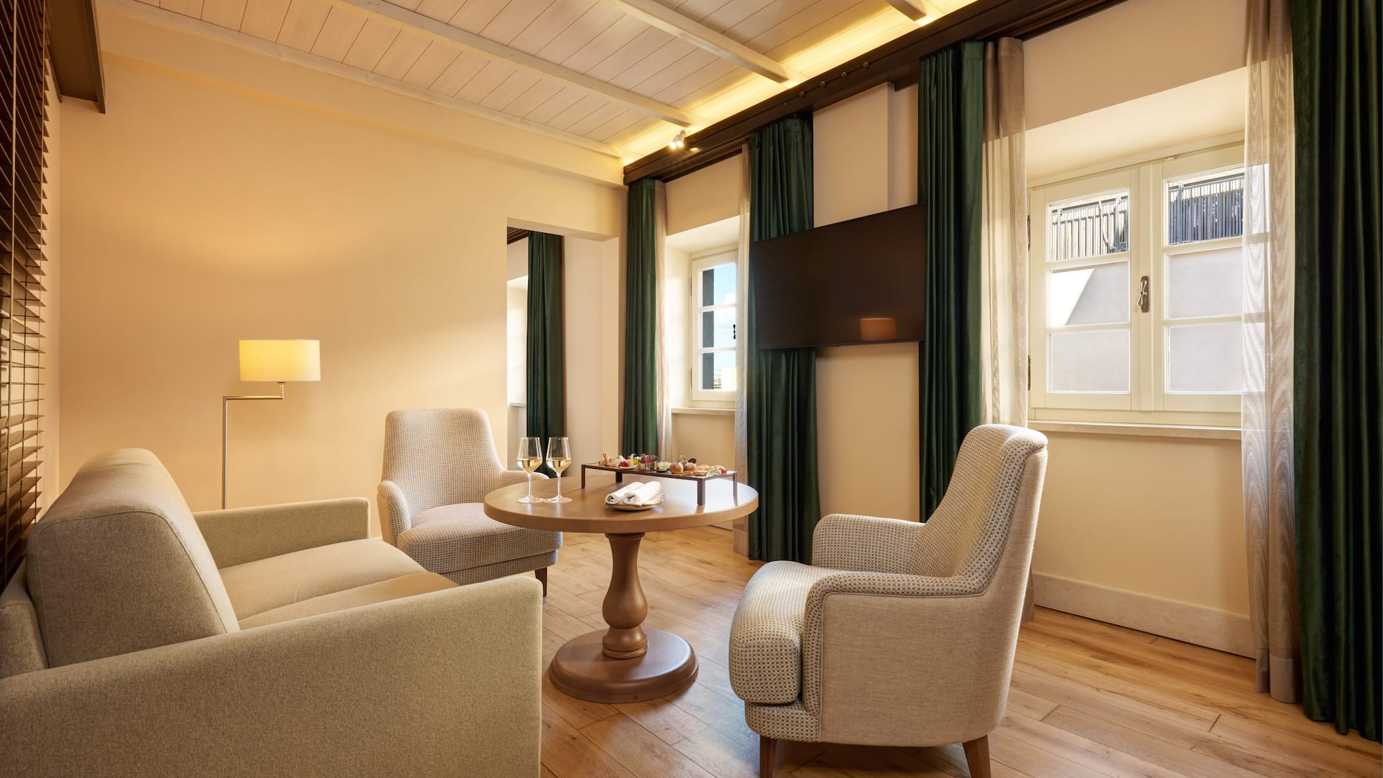 a room with a table and chairs