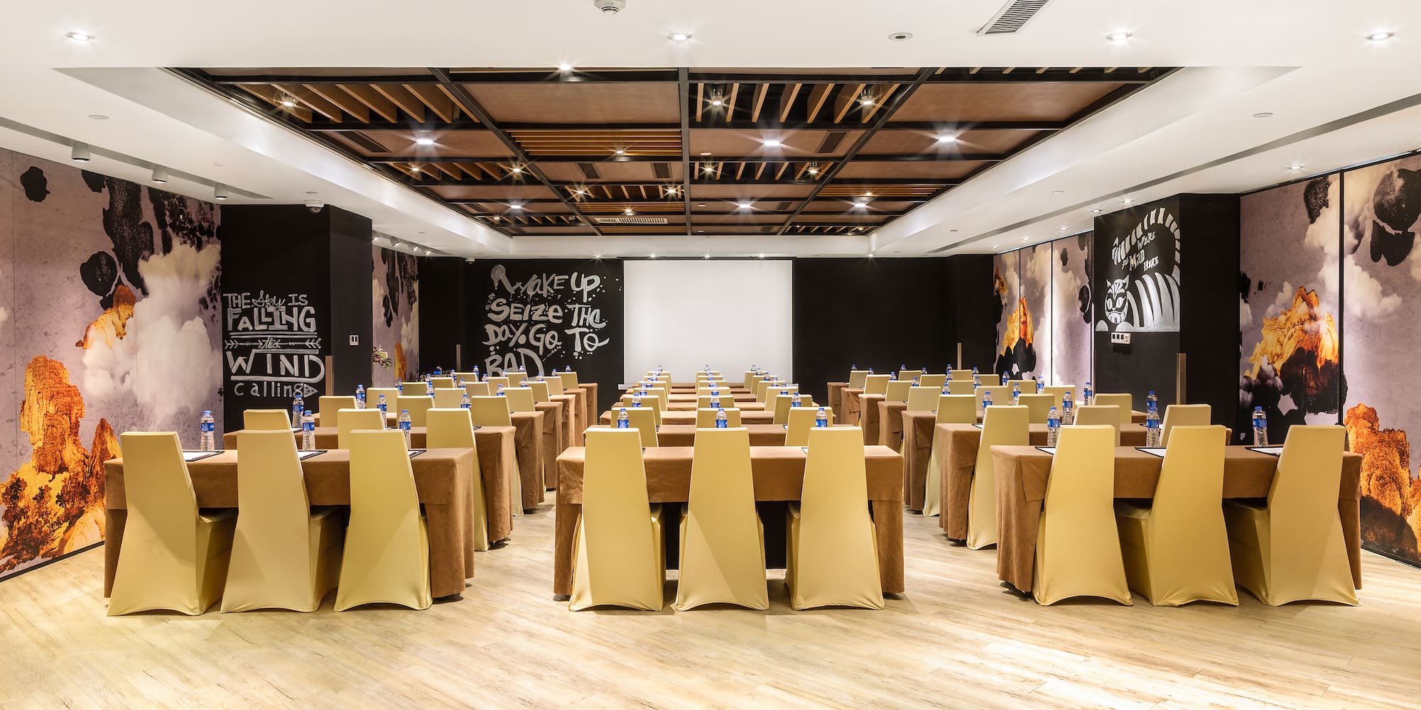 a room with tables and chairs