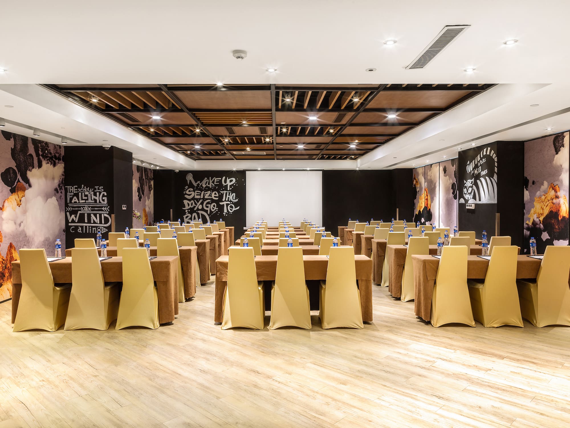 a room with tables and chairs