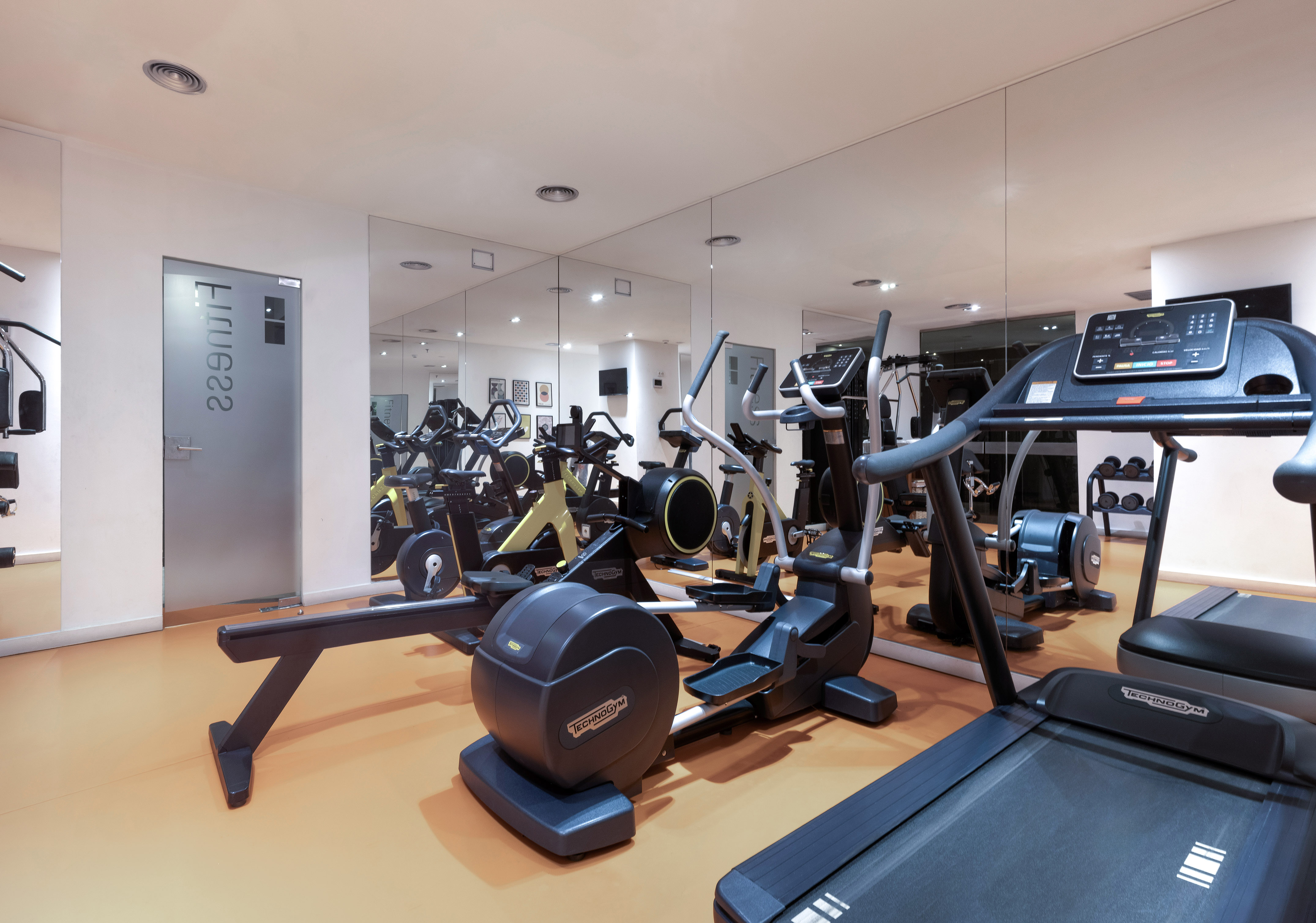 Modern gym with Technogym treadmill, elliptical, rower, and spin bikes.