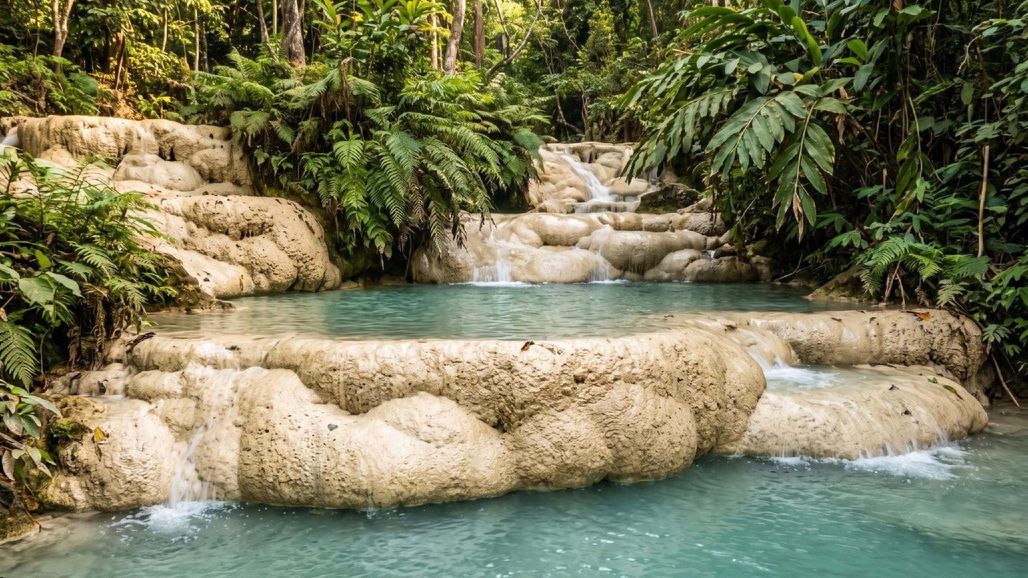 Tiered waterfall with turquoise pools and lush jungle foliage.