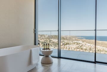 a bathroom with a tub and a bathtub overlooking a city