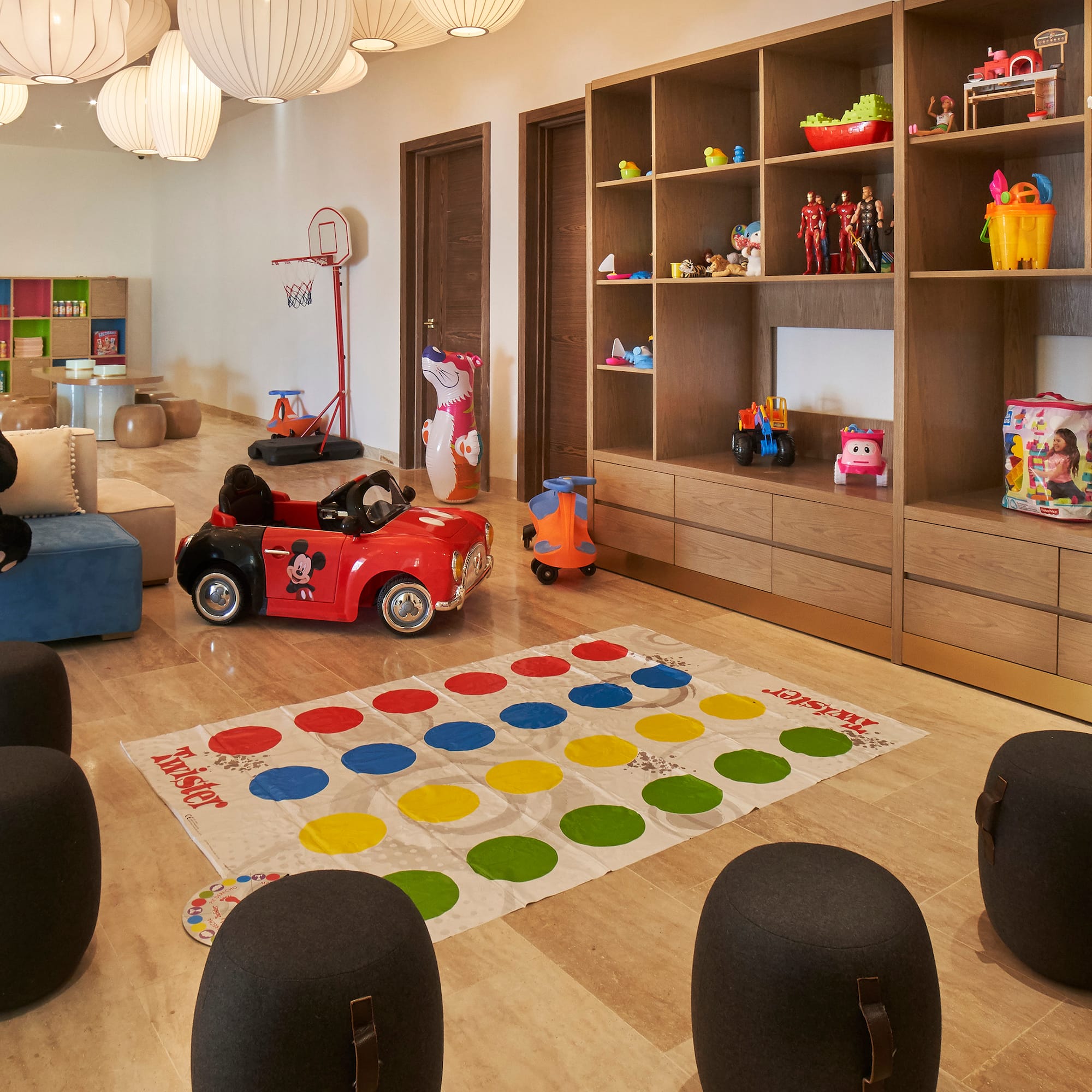 a room with a game and toys