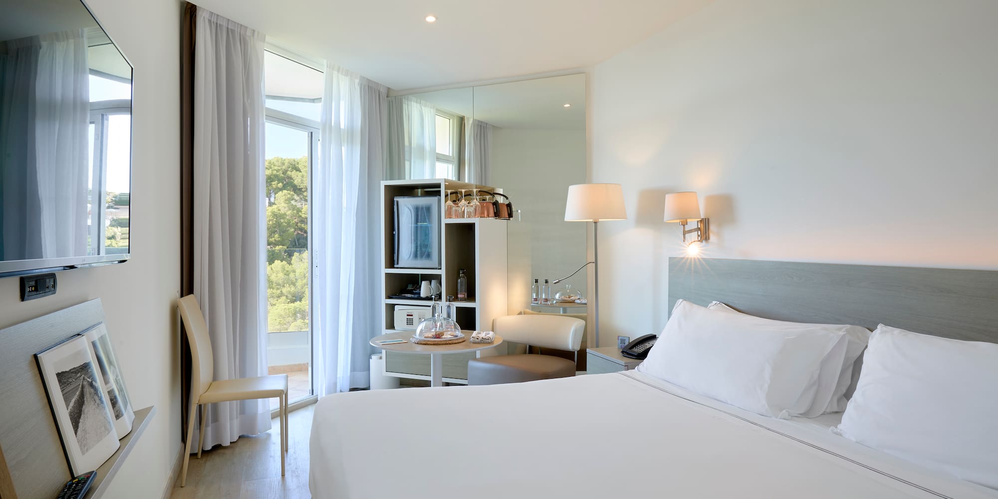 a room with a bed and a table