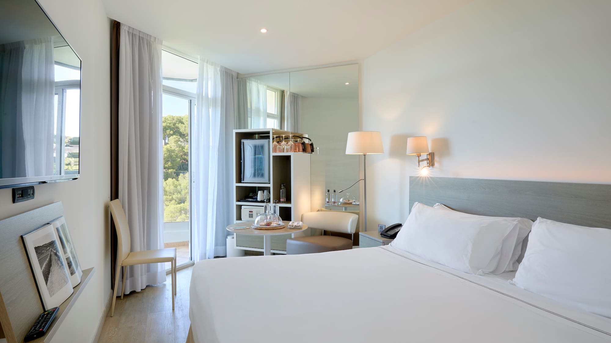 a room with a bed and a table