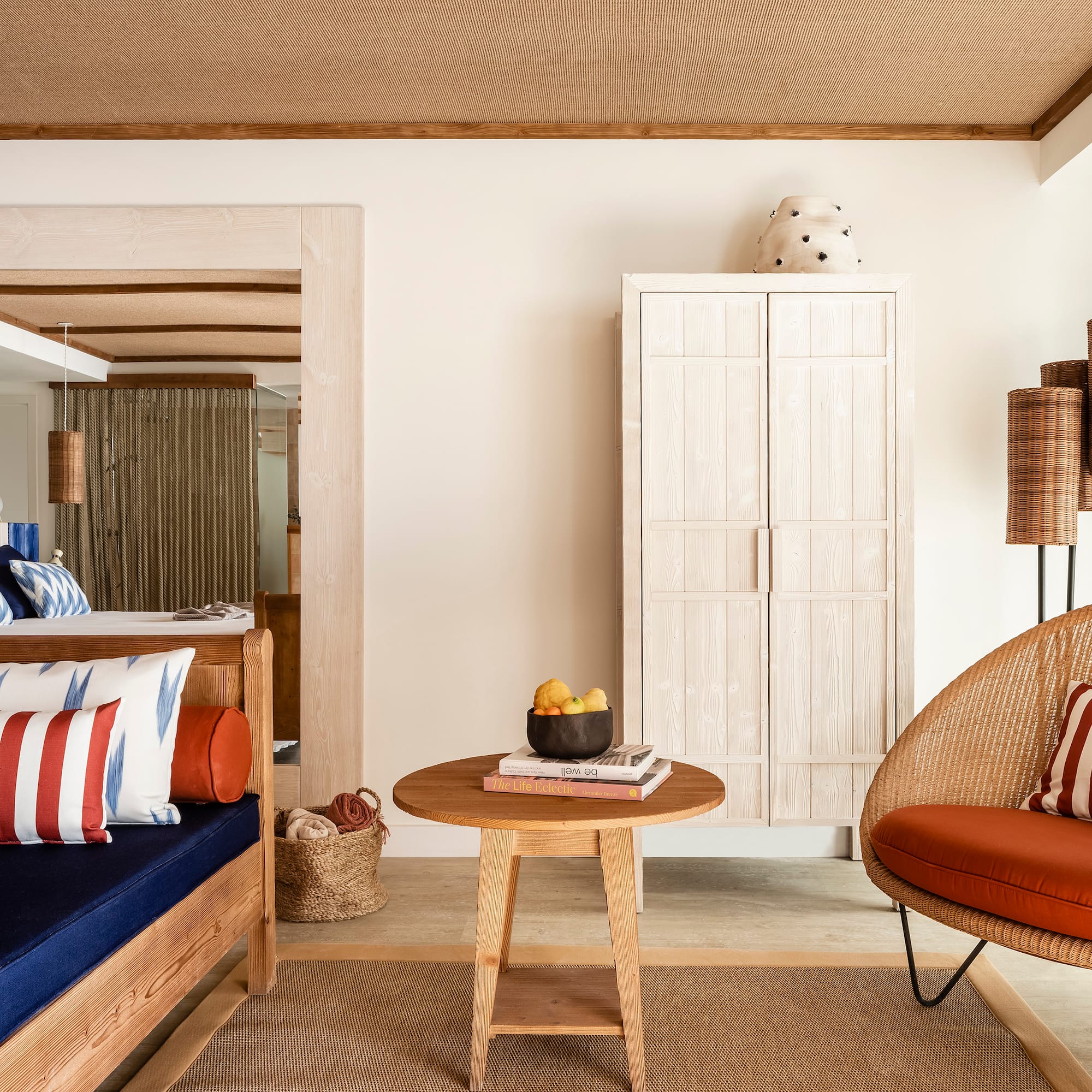 a room with a bed and a table