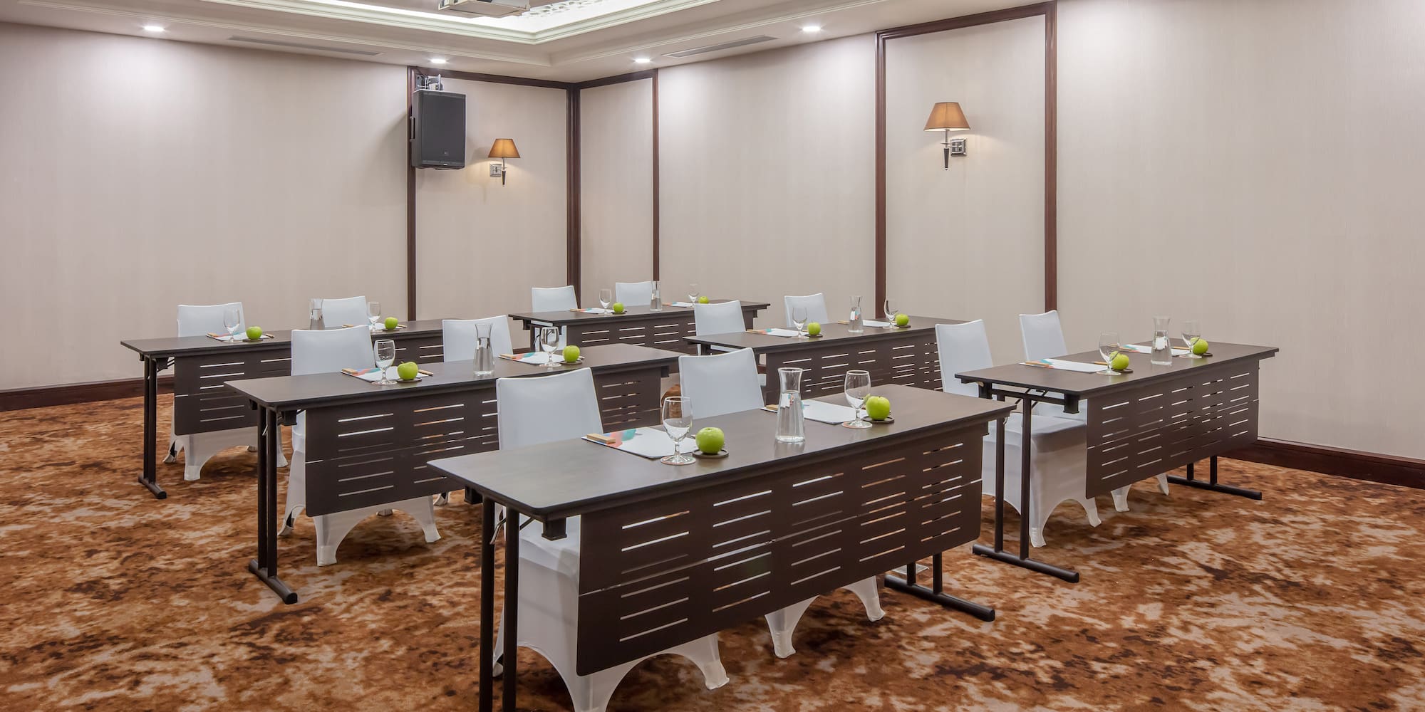 a room with tables and chairs