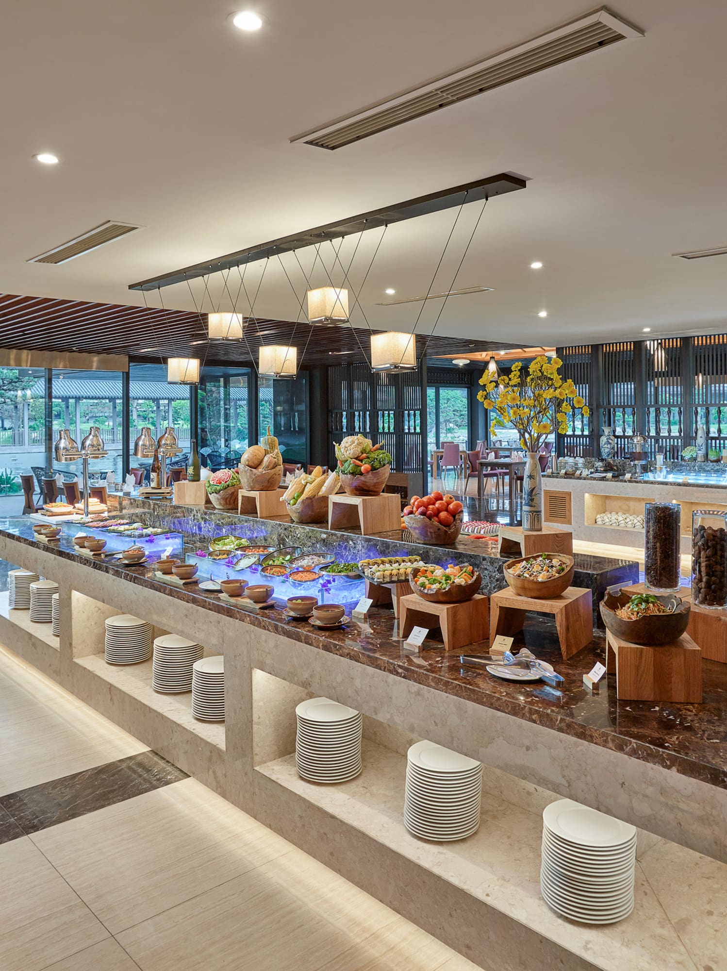 a buffet table with food on it