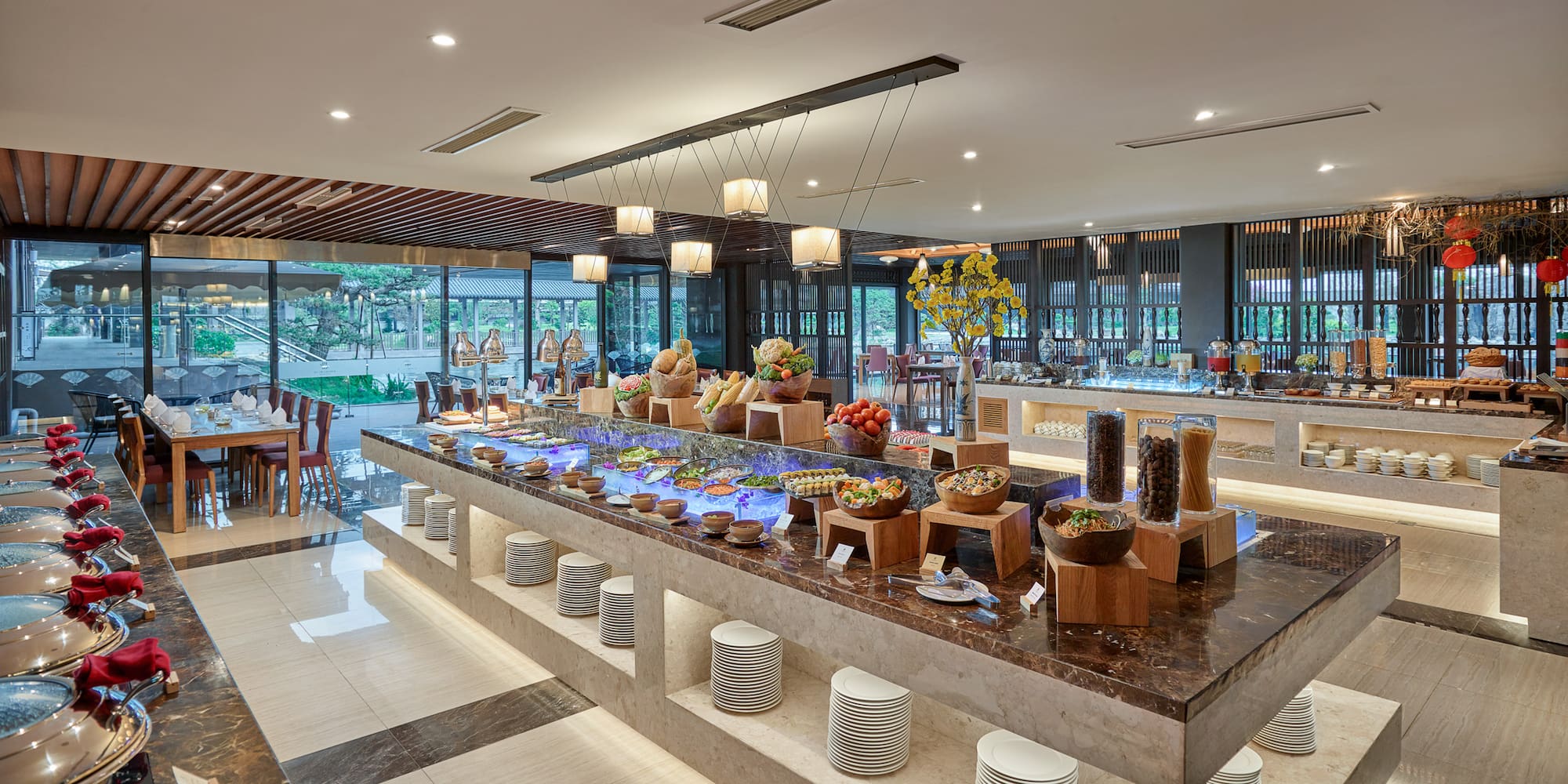 a buffet table with food on it