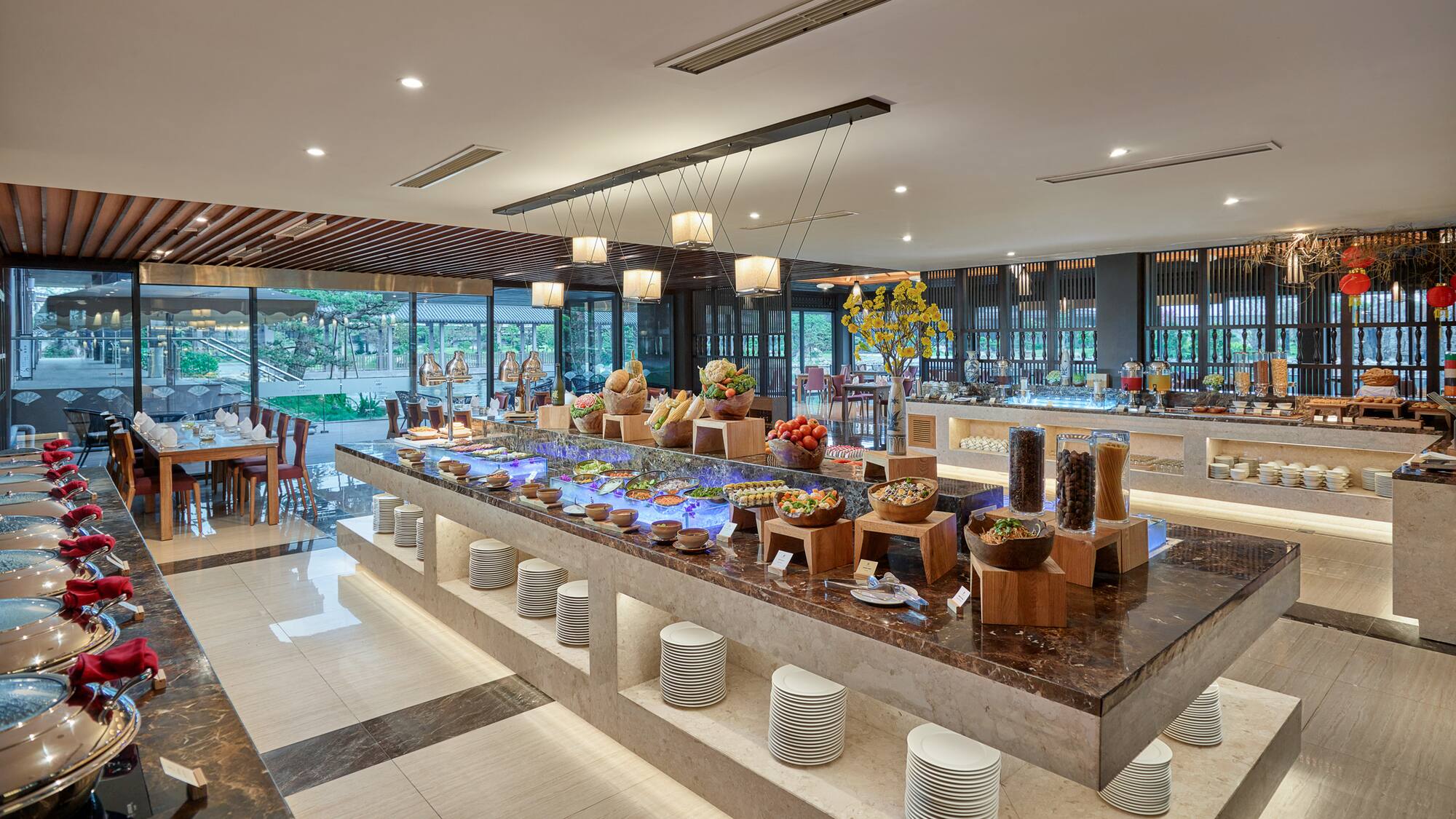 a buffet table with food on it