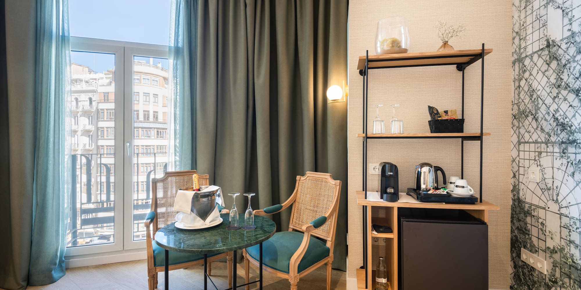 a room with a table and chairs